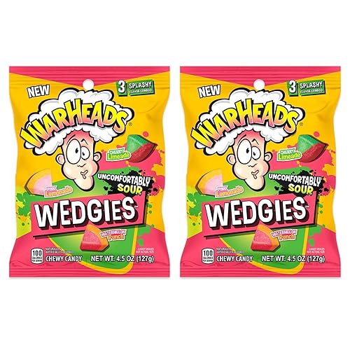 WARHEADS Wedgies - Sour Chewy Candy - Pink Lemonade, Cherry Limeade & Watermelon Punch Flavors - 4.5 oz. Bags - 2 Pack