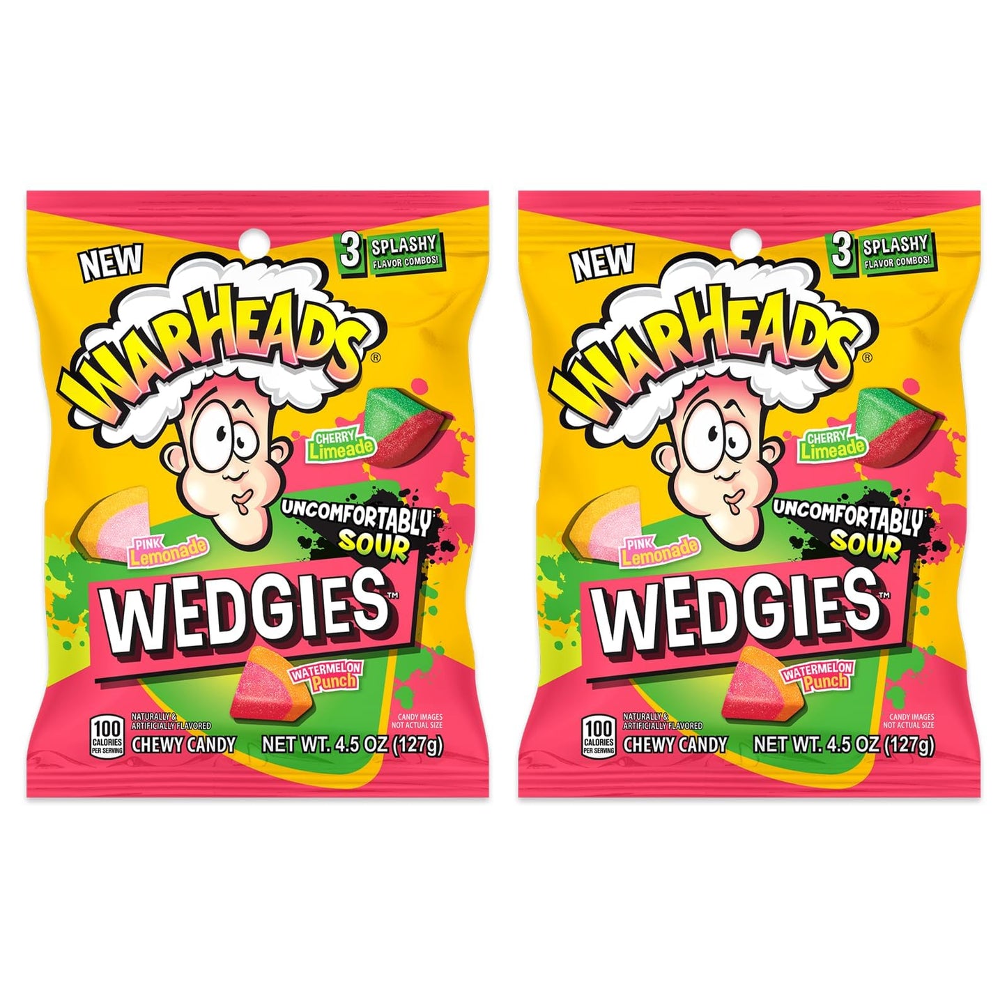 WARHEADS Wedgies - Sour Chewy Candy - Pink Lemonade, Cherry Limeade & Watermelon Punch Flavors - 4.5 oz. Bags - 2 Pack