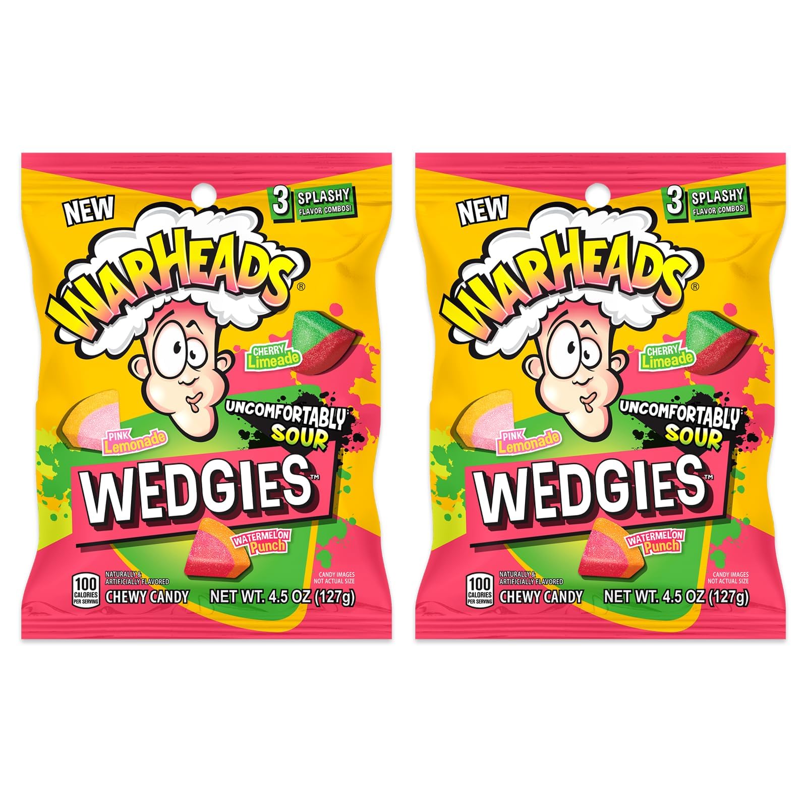 WARHEADS Wedgies - Sour Chewy Candy - Pink Lemonade, Cherry Limeade & Watermelon Punch Flavors - 4.5 oz. Bags - 2 Pack
