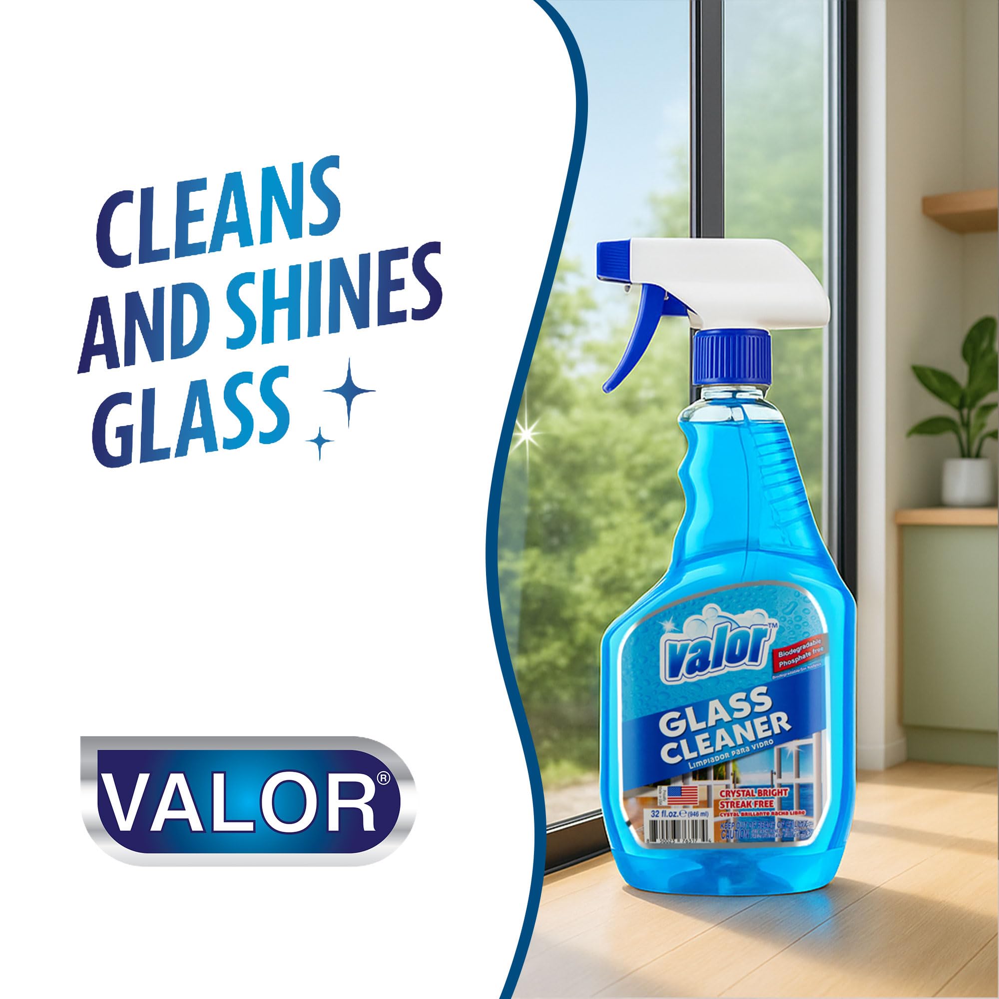 Valor Glass Cleaner Trigger Sprayer - Streak-Free Shine for Glass & Mirrors, 32 fl oz (32 Fl Oz (Pack of 1))
