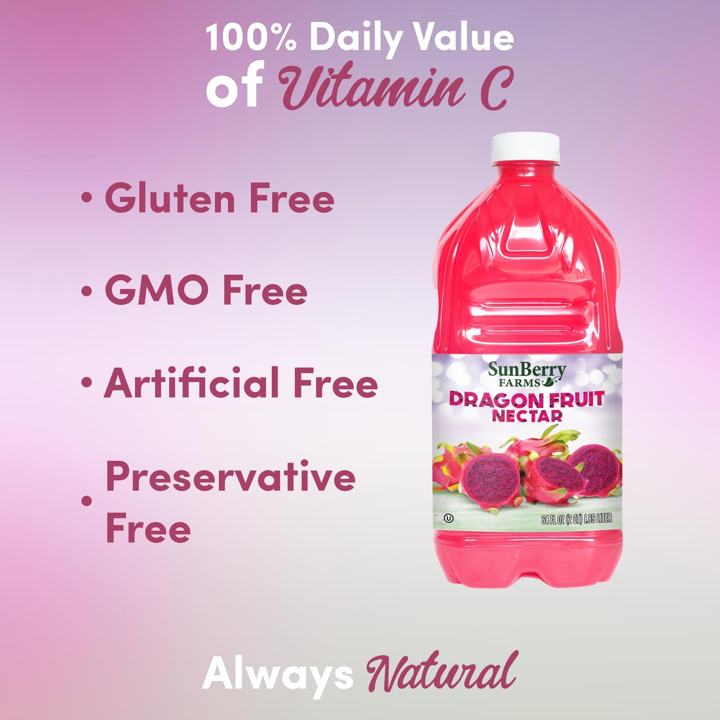 Sunberry Farms Dragon Fruit Nectar 64 fl oz | Exotic Tropical Juice Nectar Made with Real Fruit | No Artificial Flavors or Colors | Refreshing Drink |