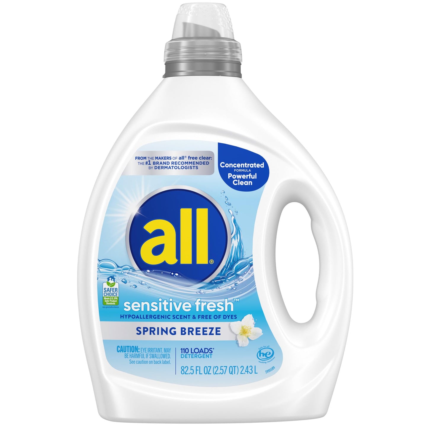 all sensitive fresh™, Spring Breeze, Scented Liquid Laundry Detergent for Sensitive Skin, Hypoallergenic, Free of Dyes, Concentrated, 82.5oz, 110