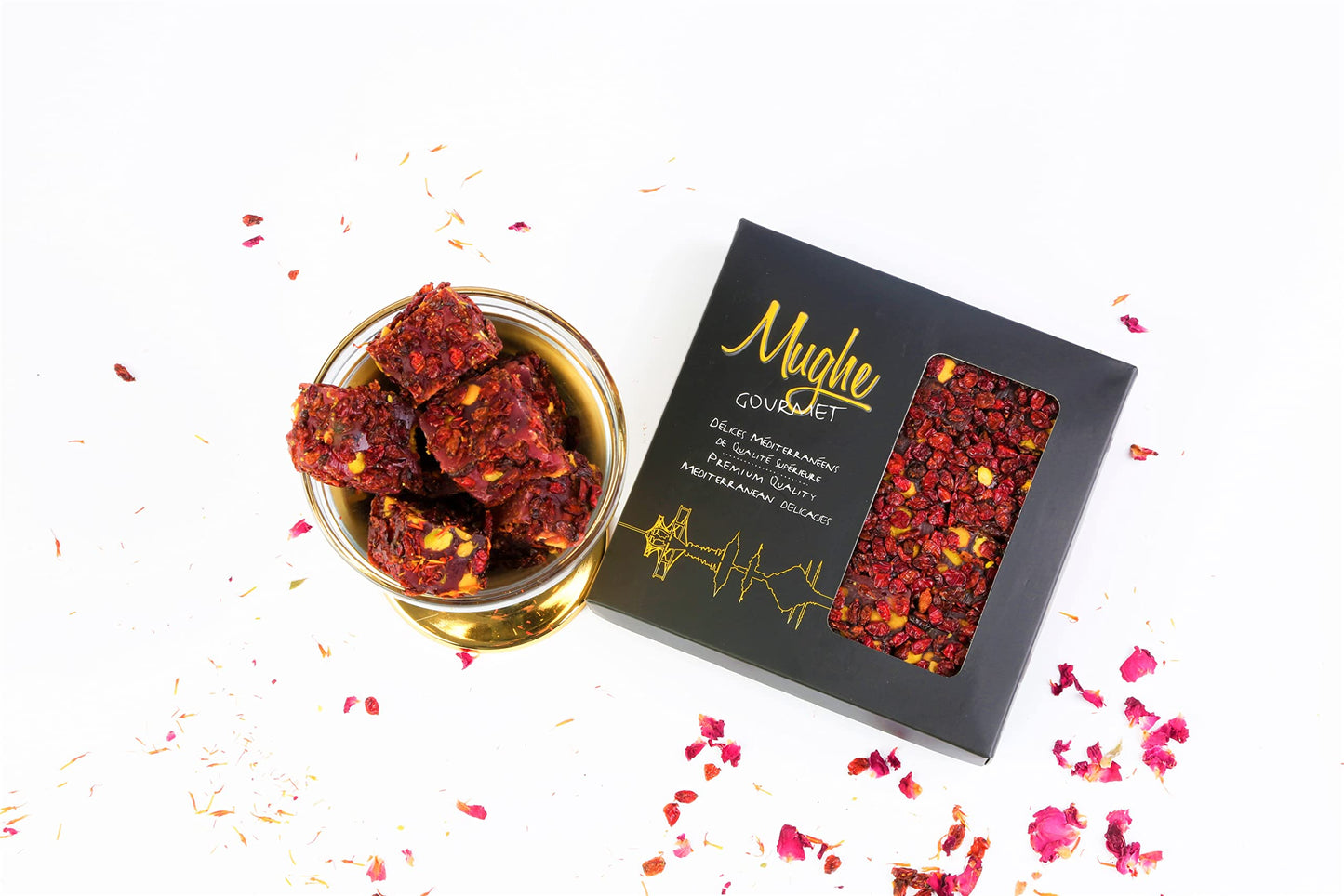 Mughe Gourmet Luxury Zereshk Barberry Pistachios Turkish Delight with Pomegranate Flavor 360g-20pc - Gourmet Gift Box - Sweet and Sour Zereshk Grape