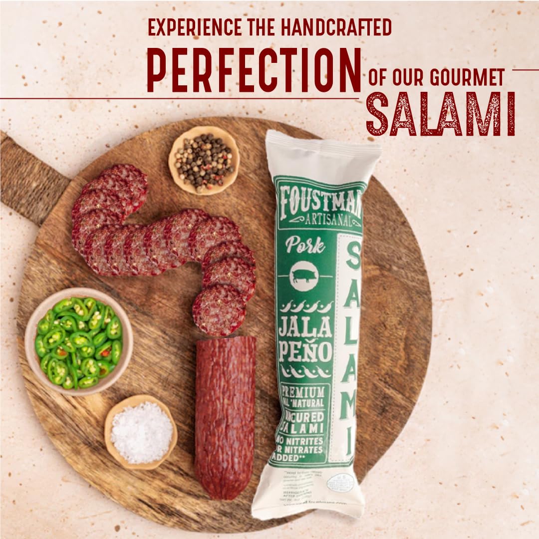 Foustman's Salami Jalapeno Pork Artisanal, Nitrate-Free, Naturally Cured Lunch Meat, Gluten-Free, Dairy-Free, 8 Oz.
