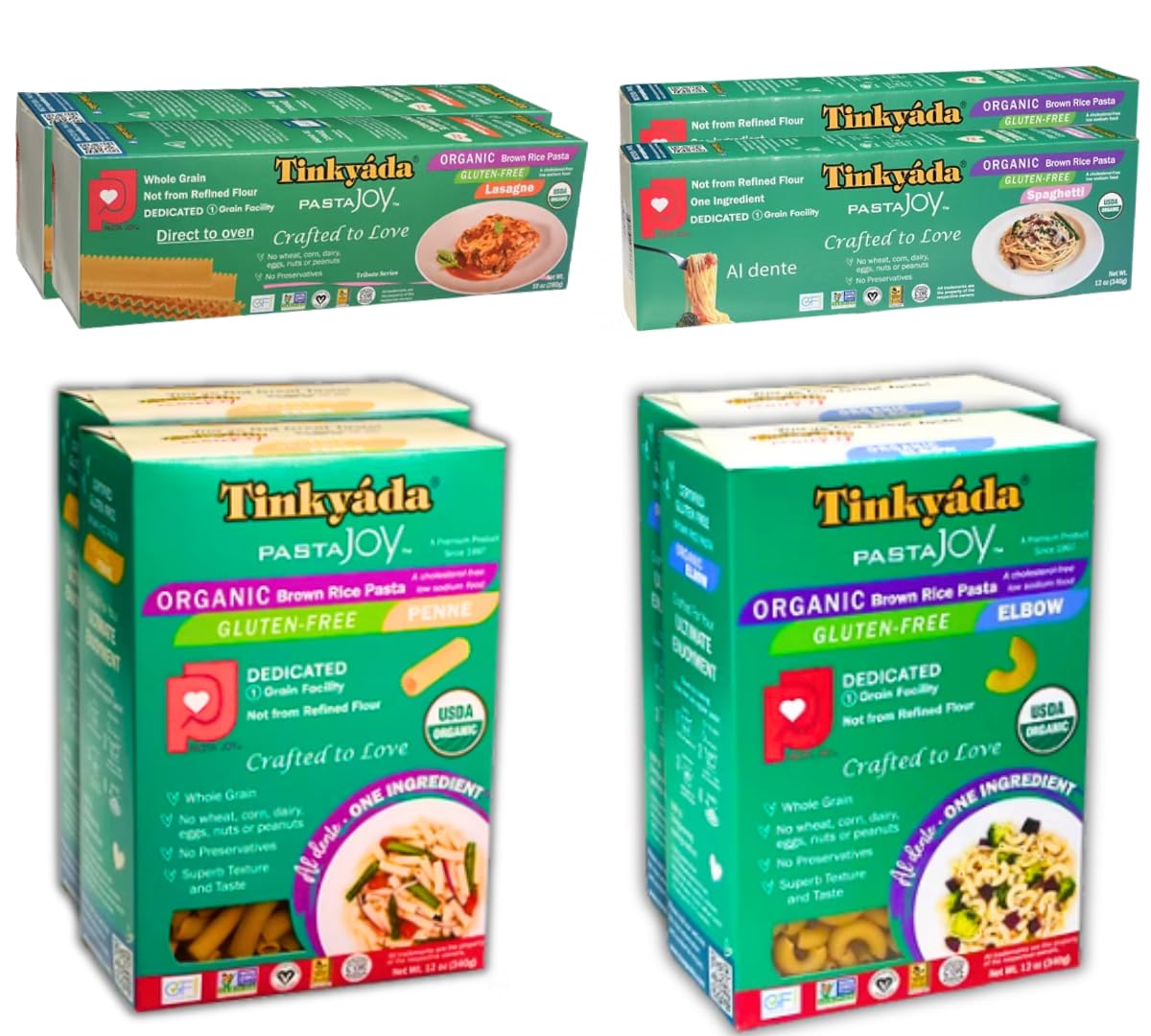 Tinkyada Organic Gluten-Free Brown Rice Pasta Variety Pack, 8 Pack - Elbow, Spaghetti, Lasagne & Penne - Certified Organic, Wheat-Free, Made from