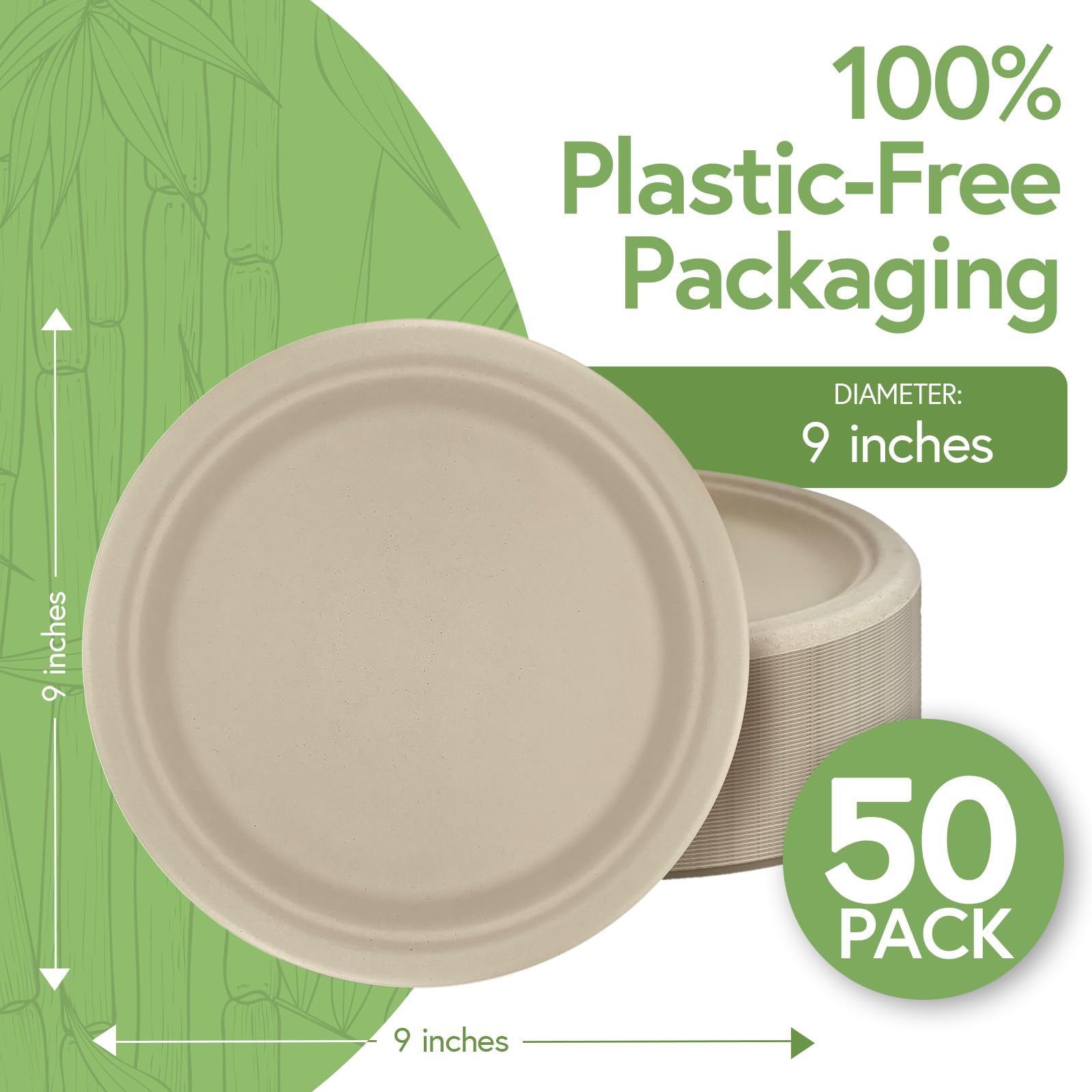 Jenvita Bamboo Paper Compartment Plates Disposable (50-Pack, 9-inch) - Sturdy & Microwave Safe | Heavy Duty Disposable Plates with Dividers | PFAS