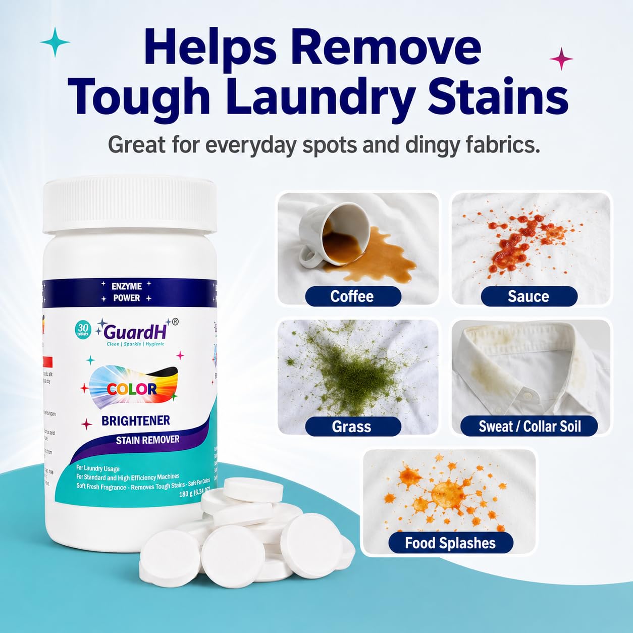 GuardH Laundry Stain Remover & Color Booster Tablets - Brightens Clothes, Removes Tough Stains, No Bleach - 30 Enzyme Tablets for Colorful Loads