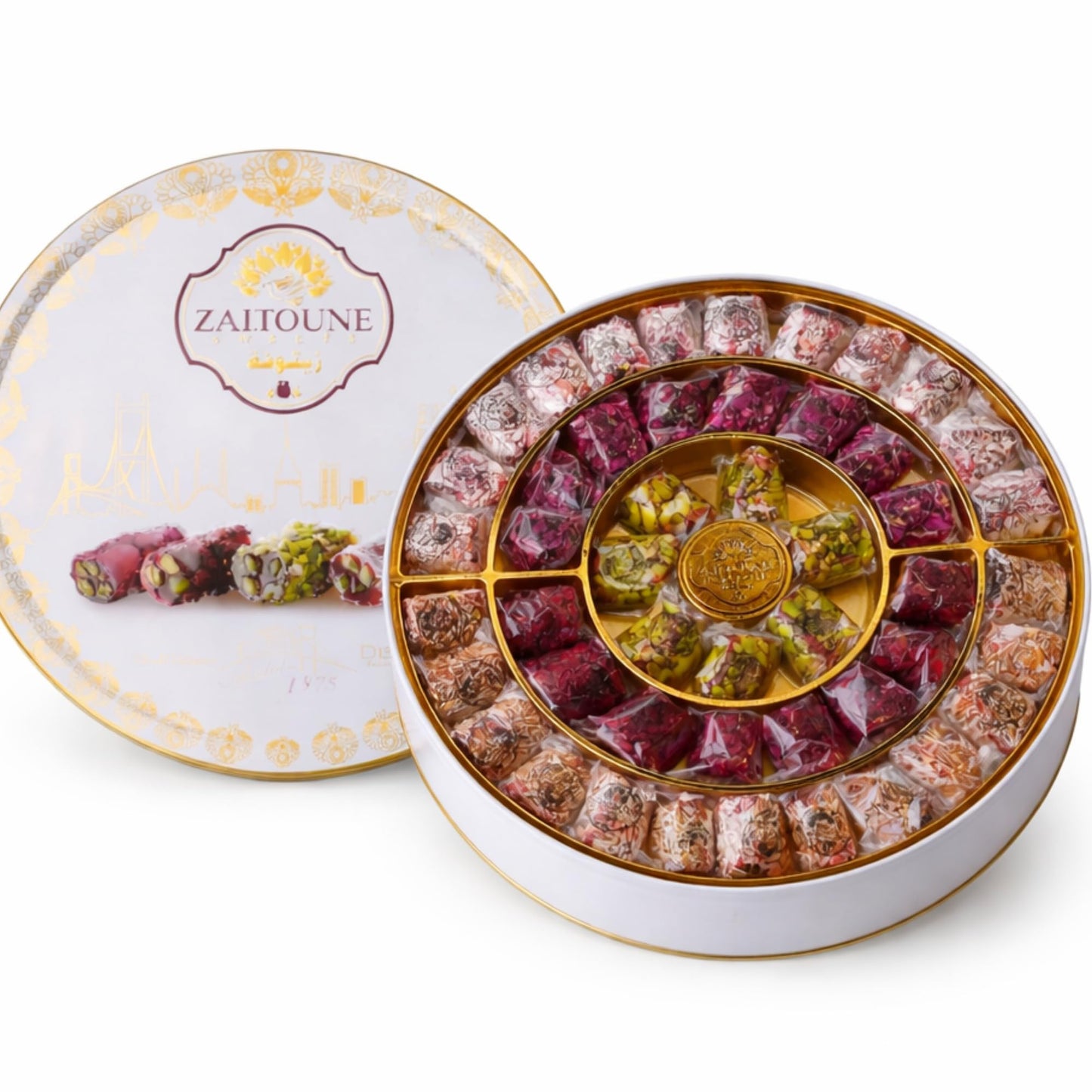 Zaitoune Turkish Delight Mix - 22 oz | Luxury Coatings of Pomegranate, Pistachio, Coconut, Kataifi & Rose | Authentic Lokum Sweet Assortment in a
