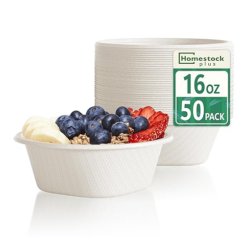 Homestockplus Disposable Bowls 16 Oz [50 Pack] - Heavy Duty Paper Bowls, Sugarcane Fiber Compostable Bowls for Ice Cream, Snacks, Desserts, Microwave