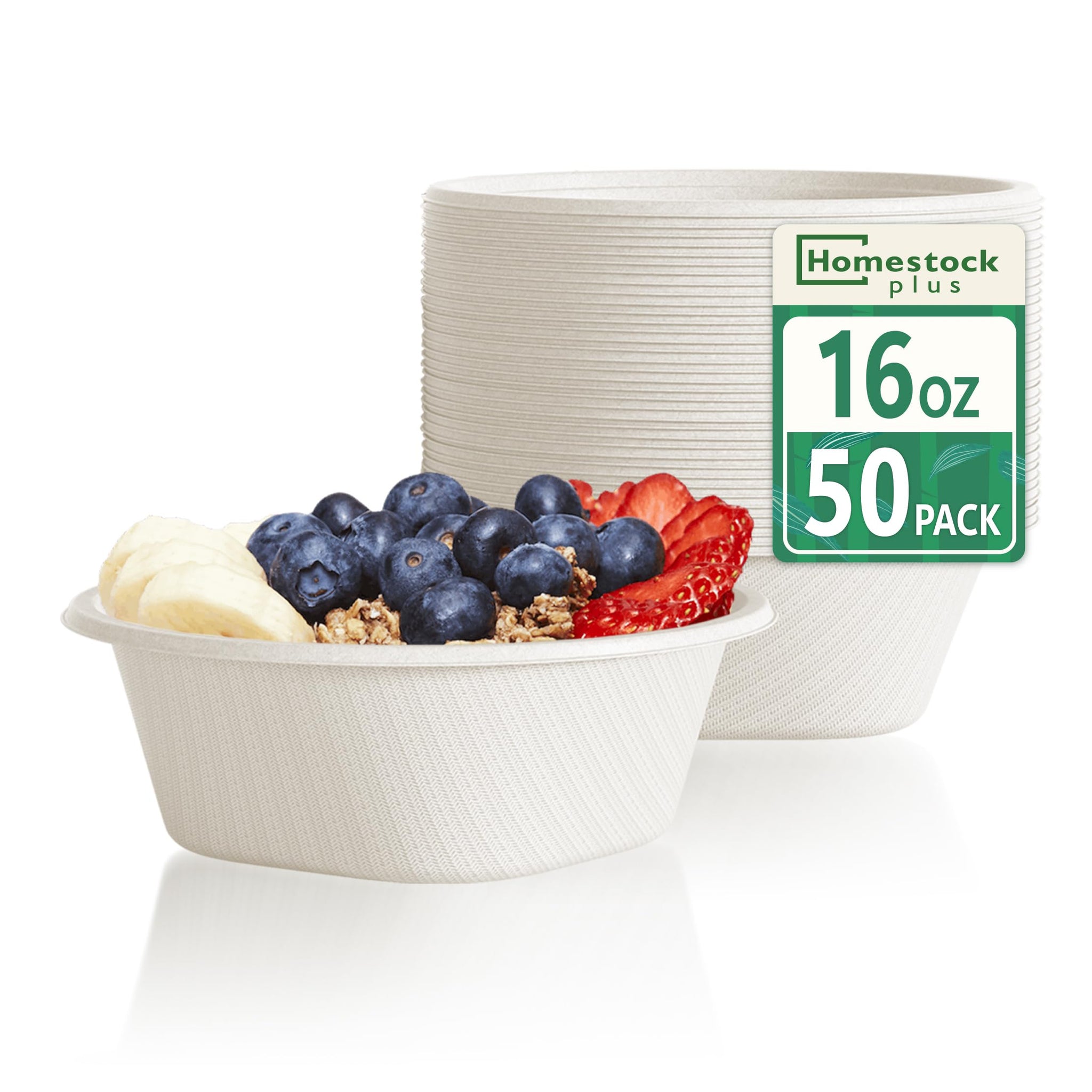 Homestockplus Disposable Bowls 16 Oz [50 Pack] - Heavy Duty Paper Bowls, Sugarcane Fiber Compostable Bowls for Ice Cream, Snacks, Desserts, Microwave