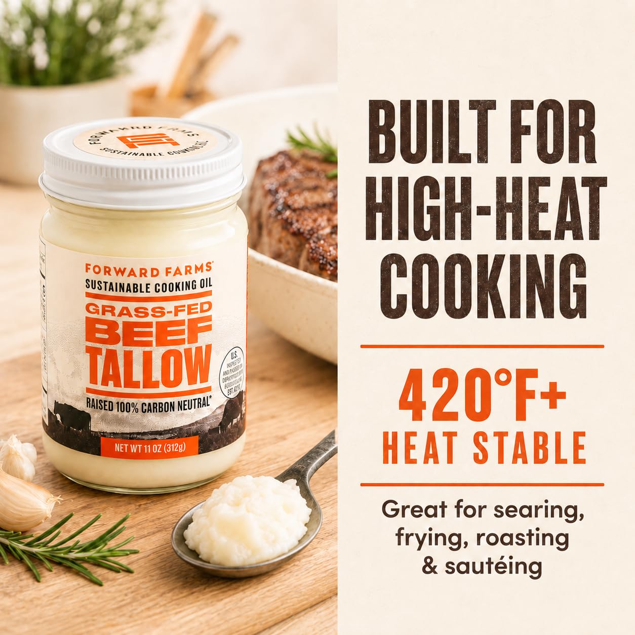 Forward Farms Grass-Fed Beef Tallow for Cooking 11 oz |100% Pure Cooking Fat | Sauteing, Deep Frying, Searing, Baking |Gluten-Free & Dairy-Free |