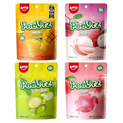 AMOS Peelerz Assorted Peelable Gummy Candy - Lychee, Mango, Peach, Green Apple | 4 Resealable Pouches (85g Each) | Fun, Chewy, Made with Real Fruit