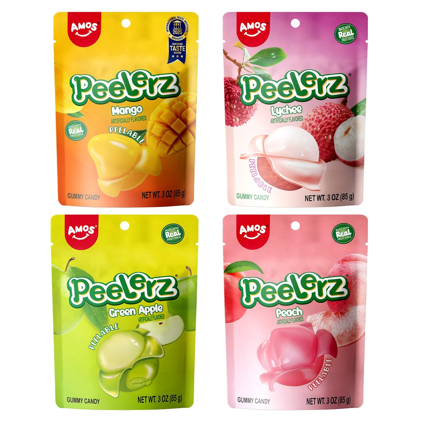 AMOS Peelerz Assorted Peelable Gummy Candy - Lychee, Mango, Peach, Green Apple | 4 Resealable Pouches (85g Each) | Fun, Chewy, Made with Real Fruit