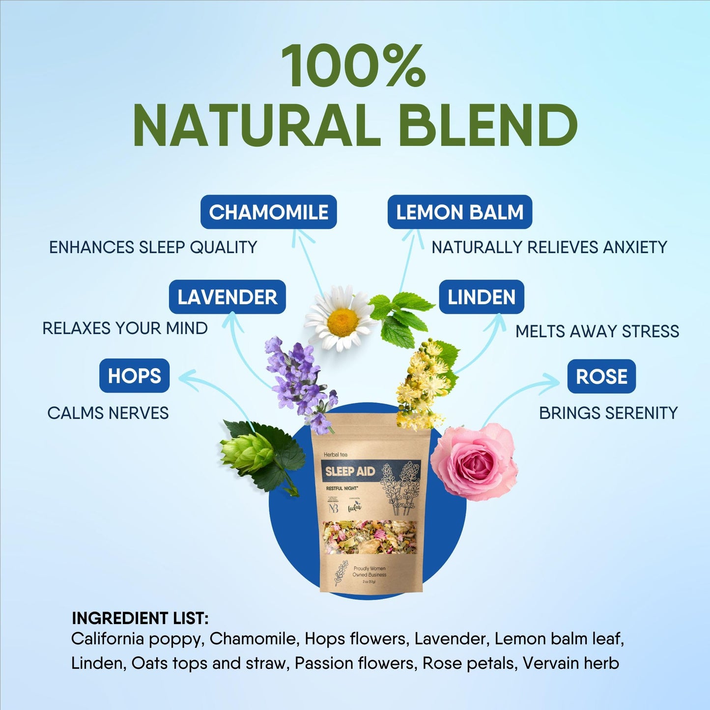 Sleep Aid Herbal Tea - Organic Calming Blend with Lemon Balm, Lavender, Linden, Chamomile, California Poppy, Passionflower, and Verbena - Supports