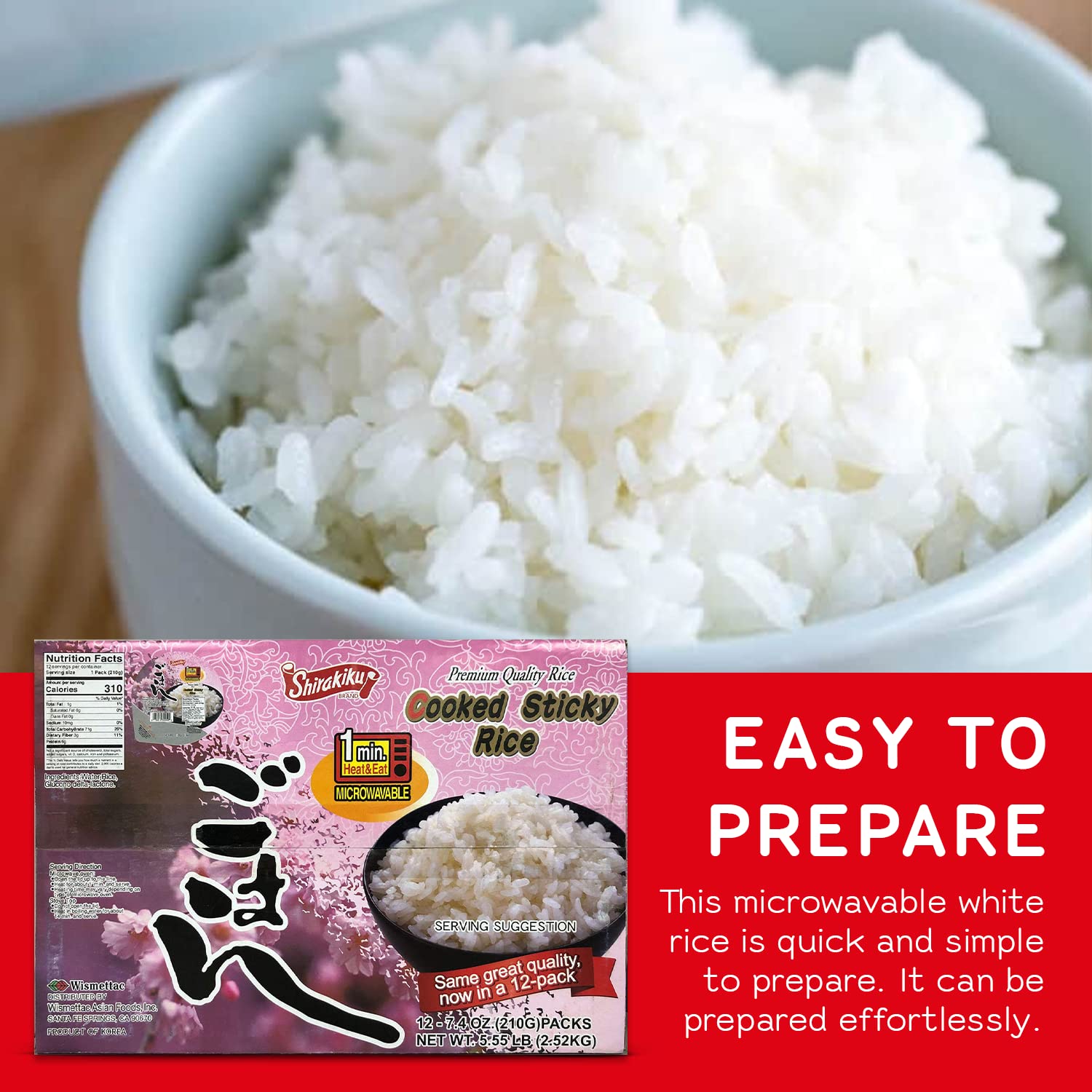 Shirakiku Dried Grains & Rice - Japanese Style Short Grain Sticky White Rice - Premium Quality Microwavable Ready To Eat Cooked Sushi Rice, 7.4 Ounce (Pack of 12)