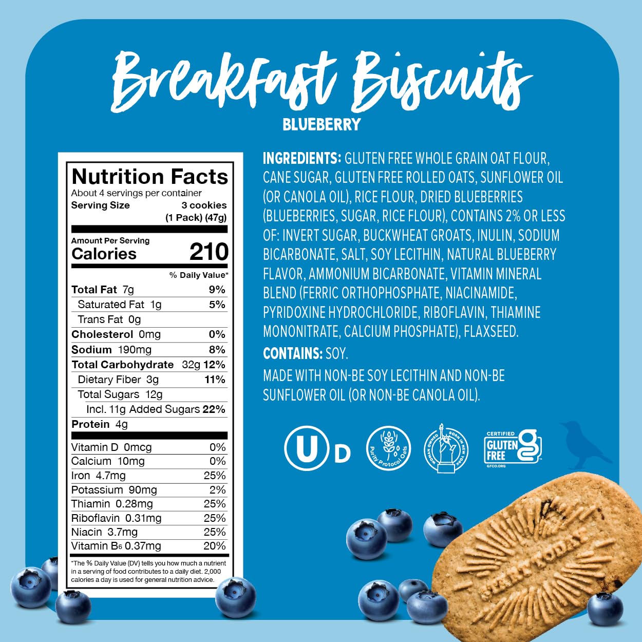 Goodie Girl, Blueberry Breakfast Biscuits - Gluten Free, Peanut Free, Vegan, Kosher - Includes 4 Boxes, 16 Packs Total