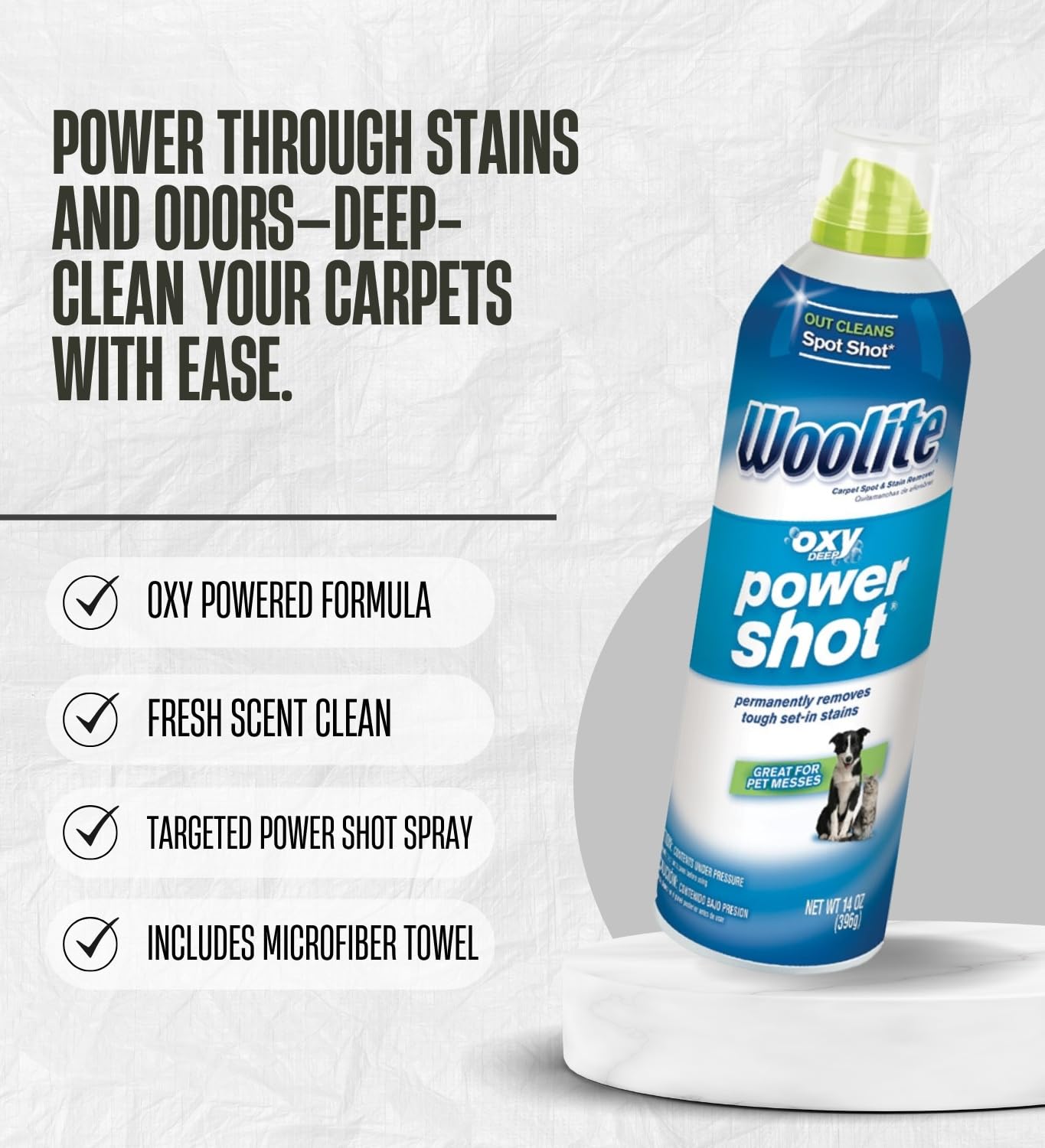 Power Shot Fresh Scent Cleaner 14 oz Liquid Bundle with Microfiber Cloth - Removes Tough Stains and Freshens Carpets and Rugs - Gift Set (4 Items)
