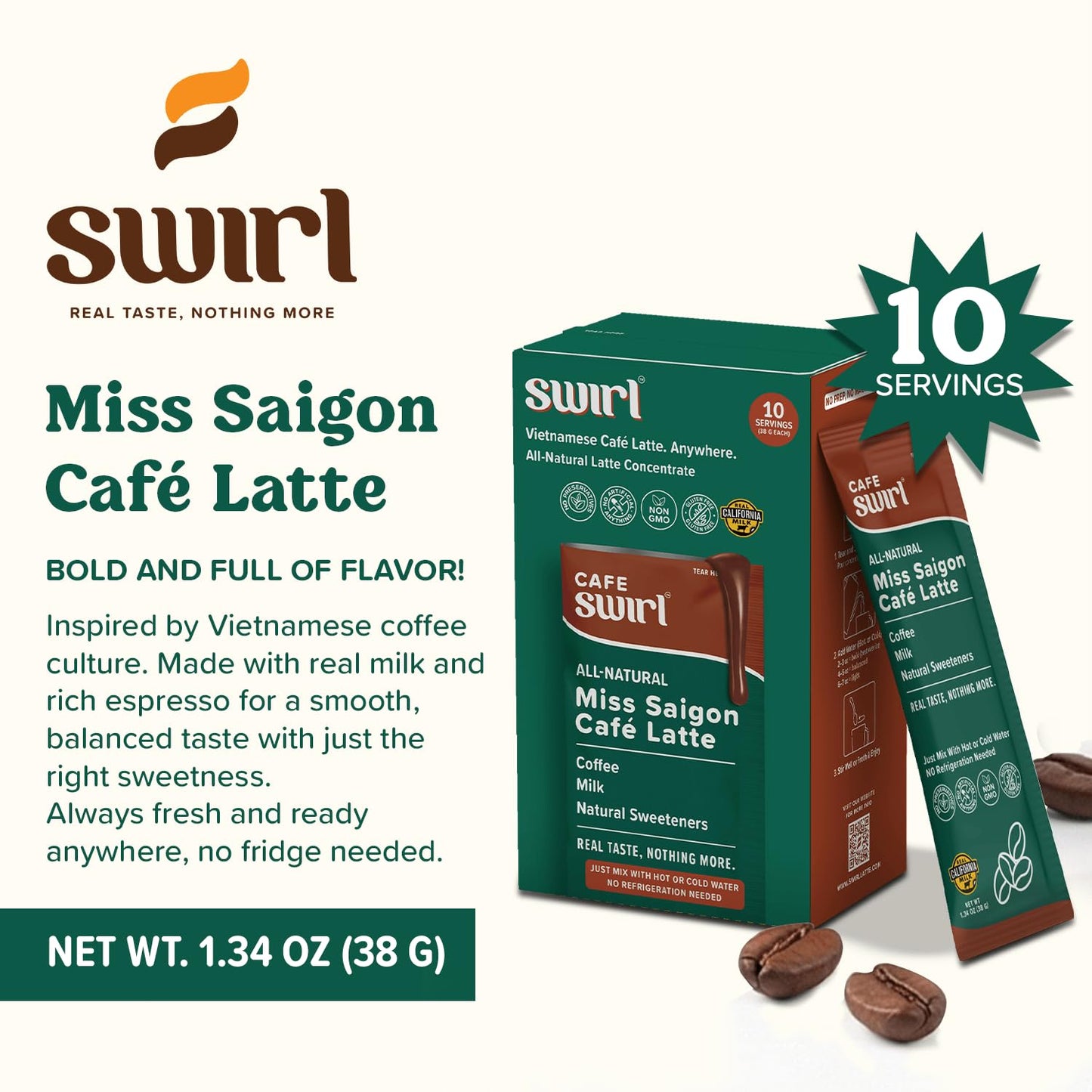 Swirl - Miss Saigon Cafe Latte - Vietnamese Inspired Espresso, Milk Blend, Single Serve, Smooth, Sweet, Balanced, No Fridge - 38g per pack 10 packets