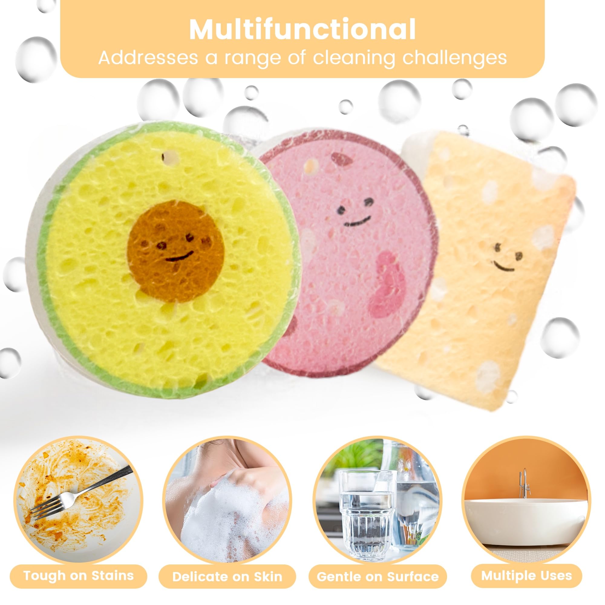 LEAFRE Cellulose Compressed Eco-Sponge 5 Pack- Avocado Sandwich Set |Standard Size| Plastic-Free & Made of All-Natural Wood Pulp | Showering