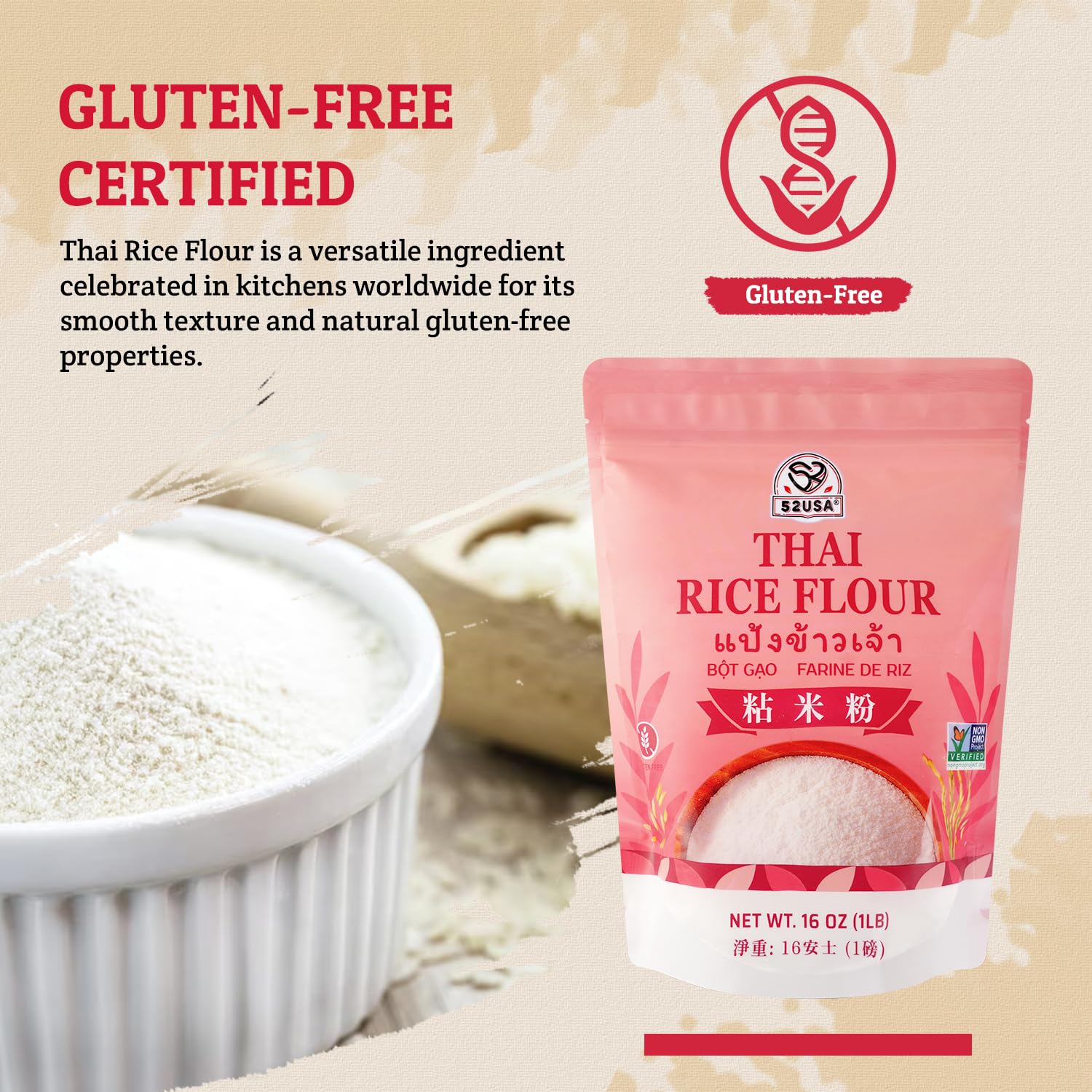 52USA Thai Rice Flour 32 Ounce (Basic), 1 Pound (Pack of 2), Rice Flour for Baking or Cooking, Product of Thailand, All Natural White Rice Flour