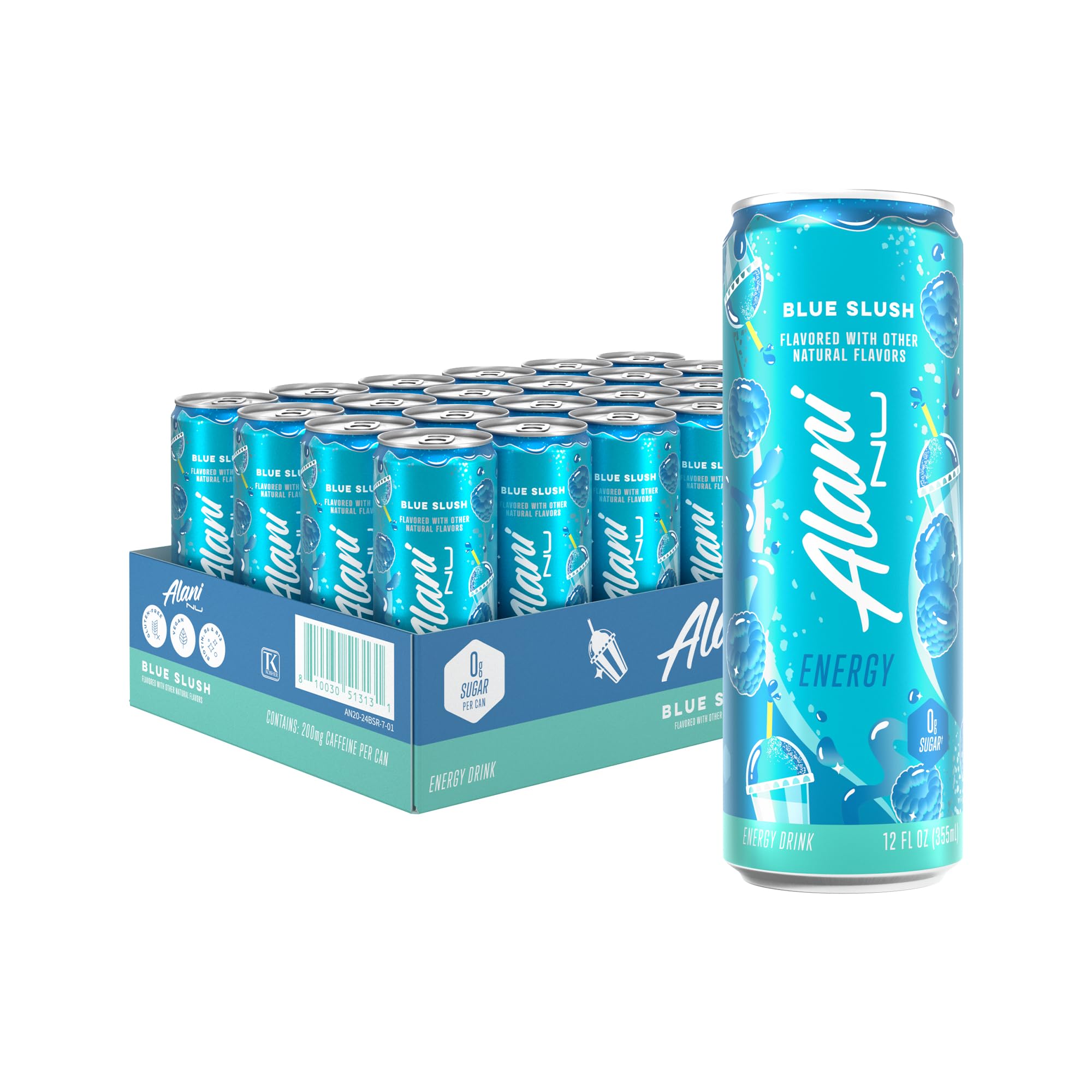Alani Nu BLUE SLUSH, Sugar Free, Low Calorie Energy Drinks, 200mg Caffeine, Biotin, B Vitamins, Zero Sugar, 10 Calories, 12 Fl Oz Cans, 24 Pack