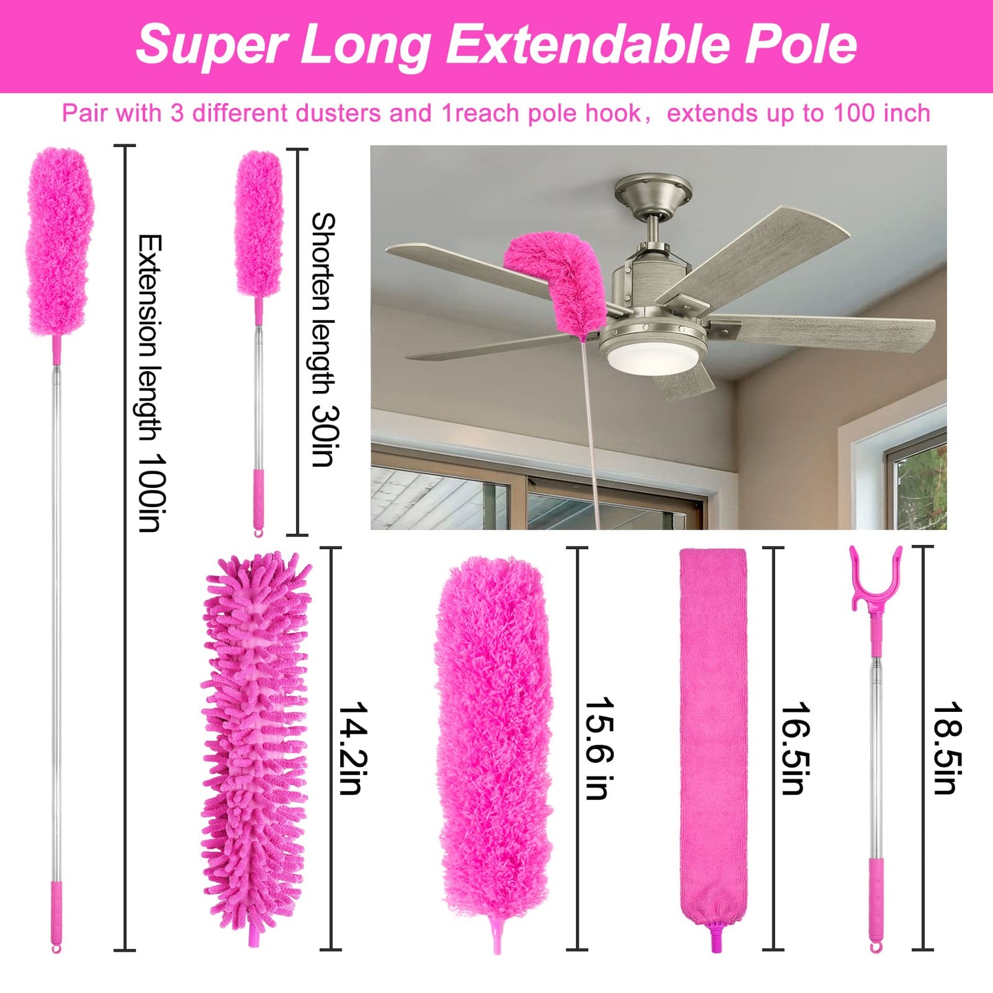 Microfiber Dusters for Cleaning, Feather Dusters with Extension Pole, Bendable & Washable Dusters for High Ceiling Fan, Blinds, Cars, Furniture