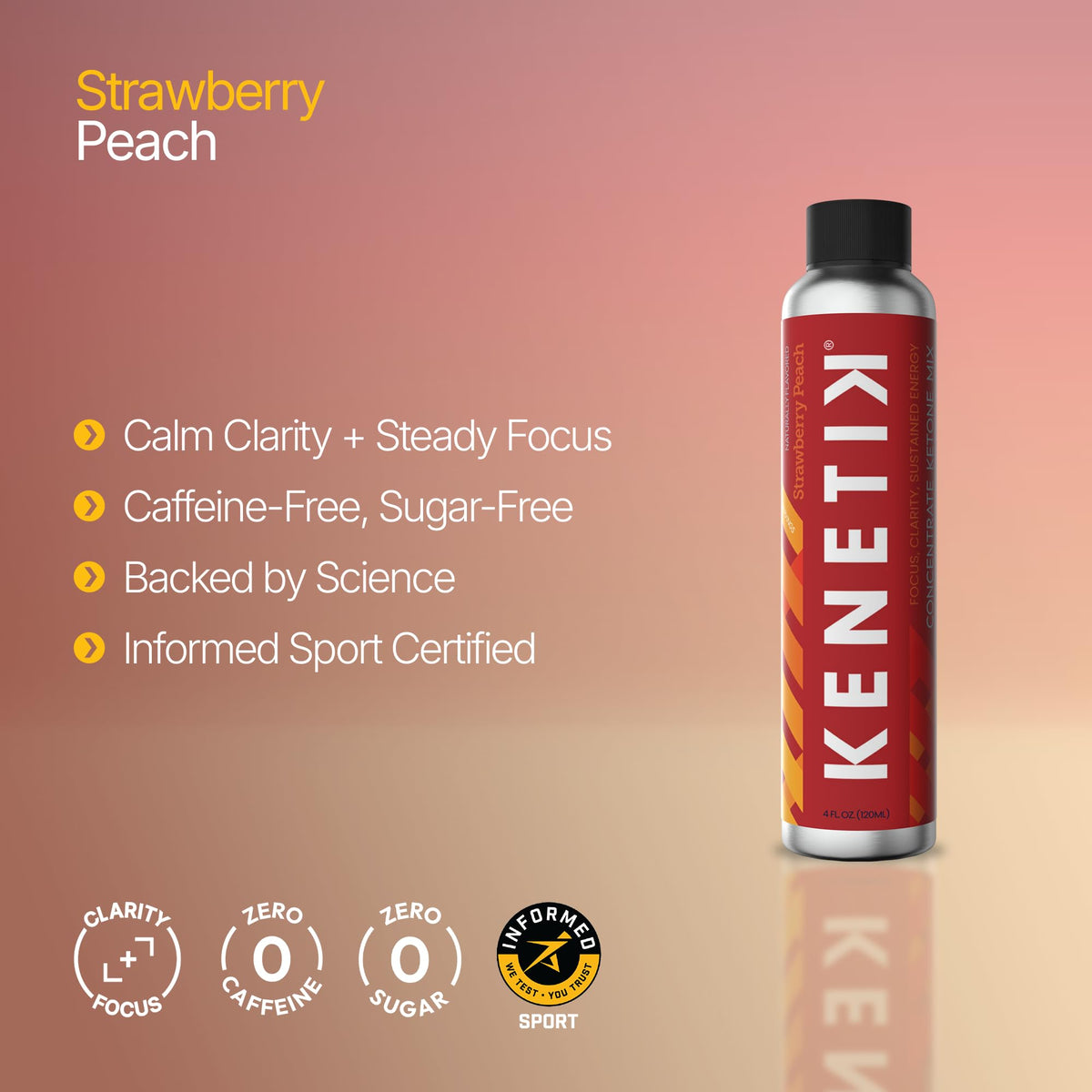 KENETIK Caffeine-Free Focus Drink 4oz Concentrate, Strawberry Peach, 3-Pack