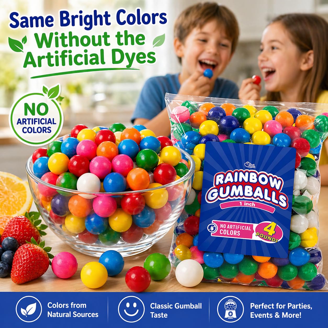 A Great Surprise - 1-Inch Rainbow Gumballs - 4 lb Bulk Bag - No Artificial Dyes - Vibrant Naturally Colored Gumballs for Vending Machines, Candy