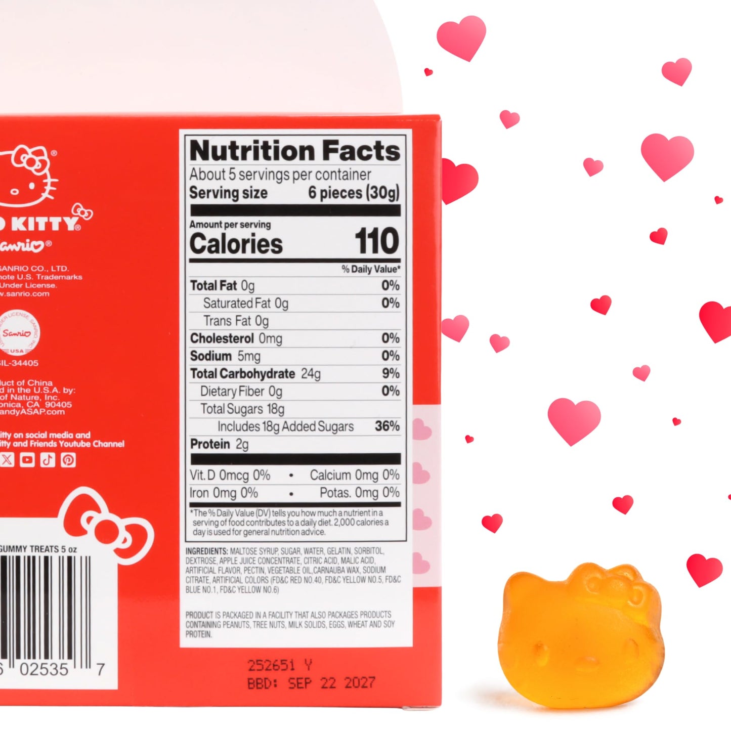 Hello Kitty Valentine's Heart Box, Gummy Fruit Flavored Candy Inside, To/From Section for Gifting, 5 Ounces