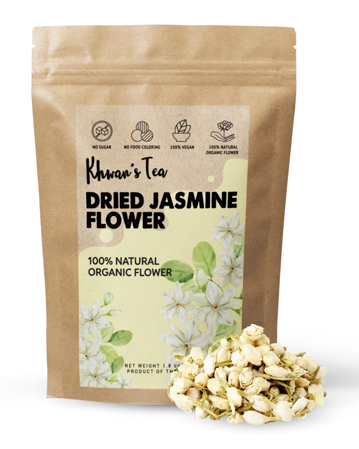 KHWAN'S TEA Dried Jasmine Flowers - Thai-Grown Whole Buds, Hand-Picked & Sun-Dried - Caffeine-Free Loose Leaf Jasmine Flower Tea, Non-GMO, 1.76 oz