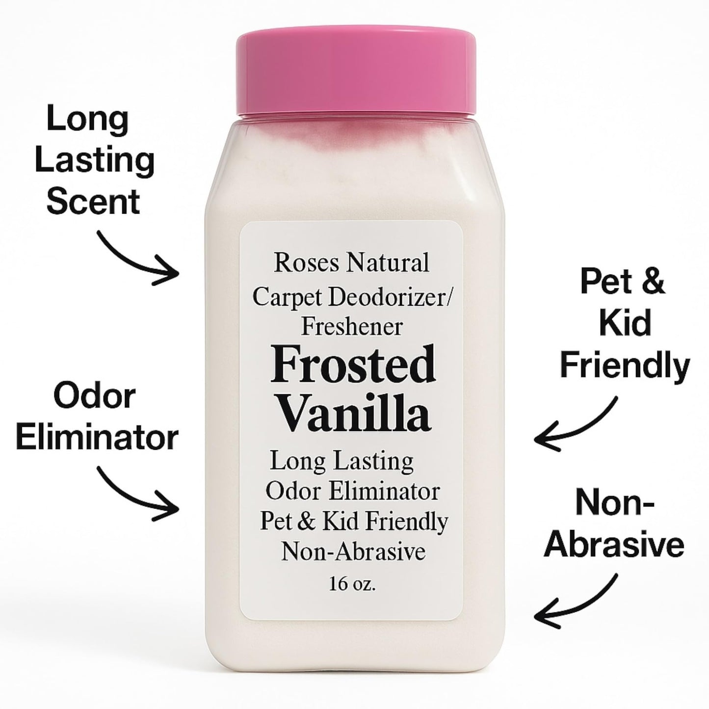 Roses Natural Carpet Deodorizer and Freshener, Inspired by Ice Vanilla Woods, Extra Strength, Pet & Kid Safe, Vanilla Pumpkin Scent, 16 oz (Frosted