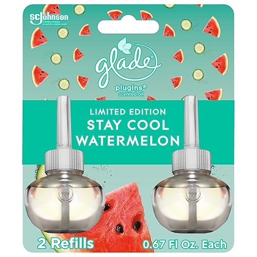Glade PlugIns Refills Air Freshener, Scented and Essential Oils for Home and Bathroom, Stay Cool Watermelon, 1.34 Oz, 2 Count