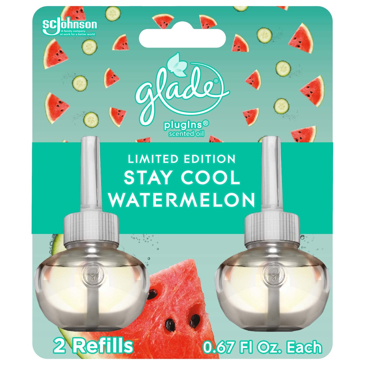 Glade PlugIns Refills Air Freshener, Scented and Essential Oils for Home and Bathroom, Stay Cool Watermelon, 1.34 Oz, 2 Count