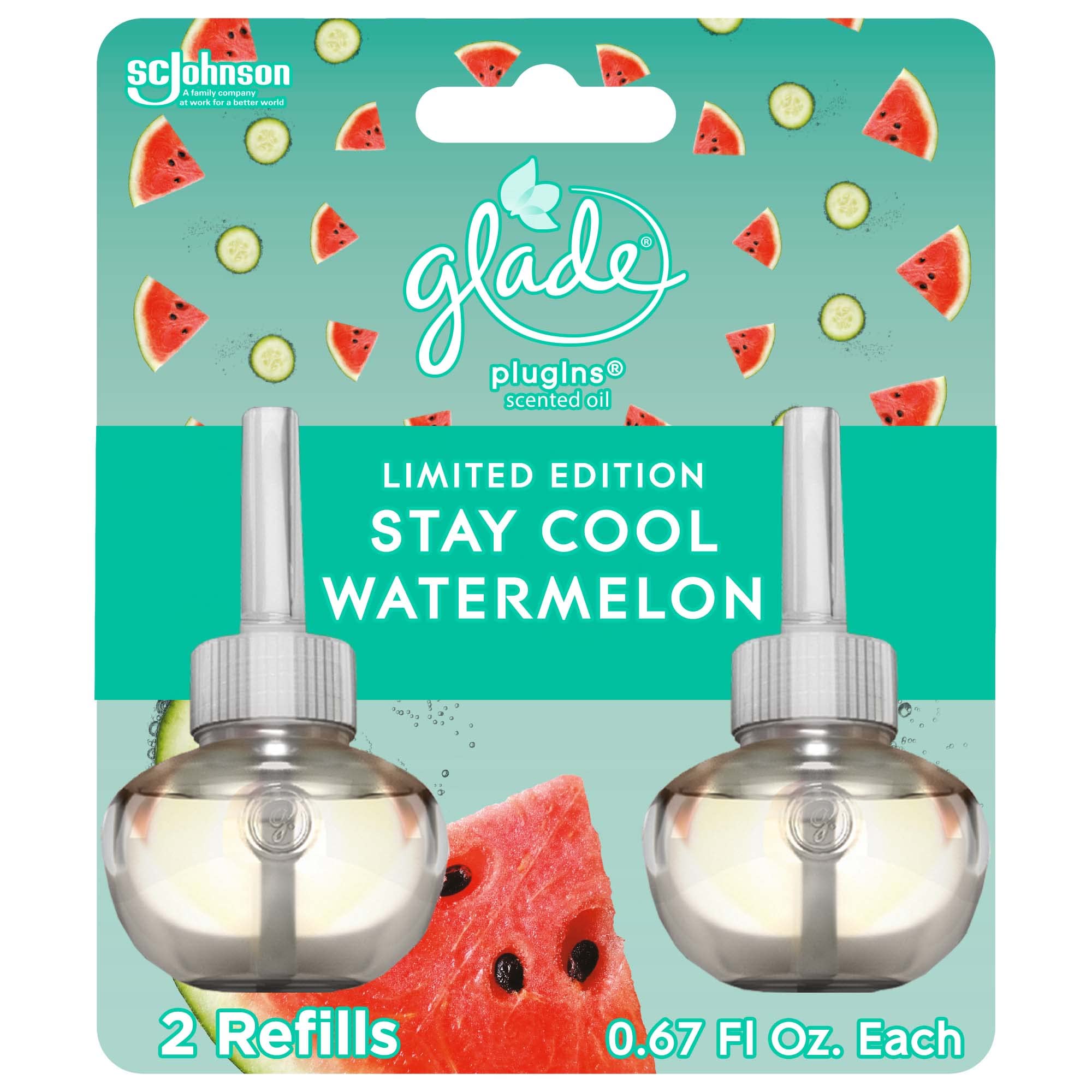 Glade PlugIns Refills Air Freshener, Scented and Essential Oils for Home and Bathroom, Stay Cool Watermelon, 1.34 Oz, 2 Count