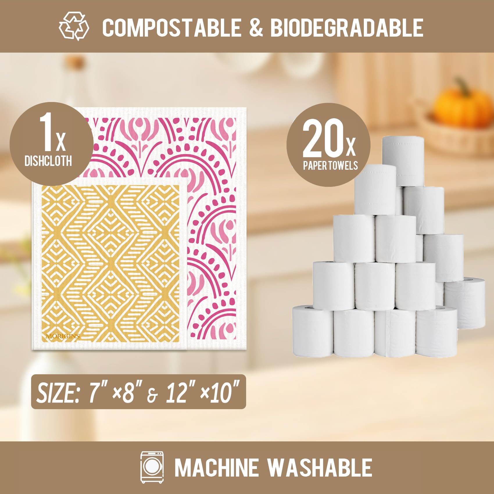 Morigins Swedish Kitchen Towel Set Reusable Kitchen Towel Set Absorbent Cellulose Sponge Cloth 8 Pack Set Biodegradable Ideal for Household Kitchen