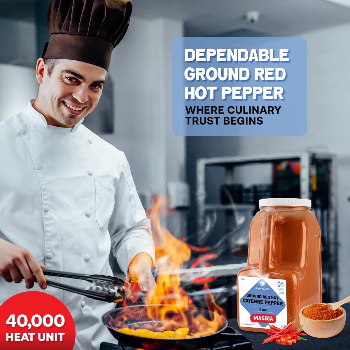 Dependable Food Ground Red Pepper | 6 Lb. Jar | 40,000 SHU Heat | Bulk, Kosher Cayenne Pepper Seasoning for Chefs, Restaurants, and Culinary