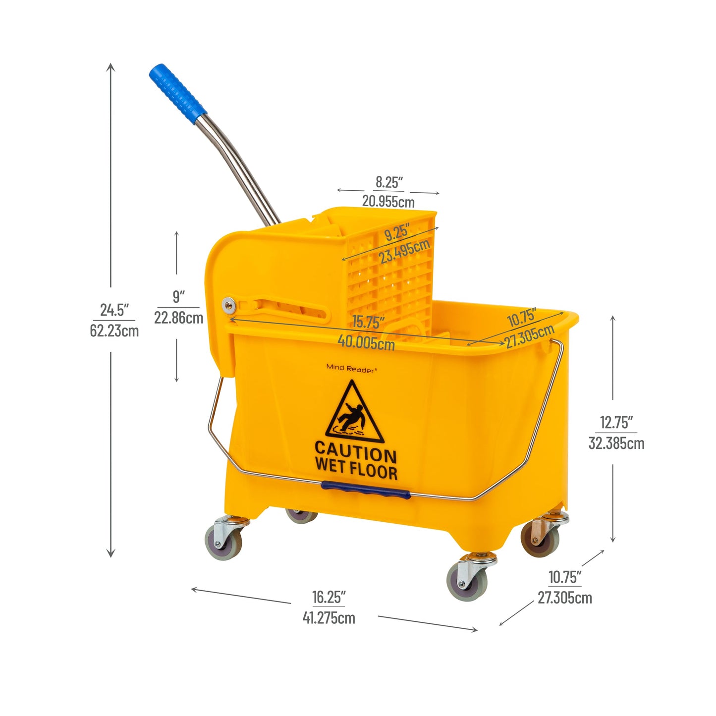 Mind Reader Mop Bucket with Wringer (Mop Not Included), 5.5 Gallon Cleaning Bucket with Wheels and Handle, Upward Press Wringer, Small Mop Compatible