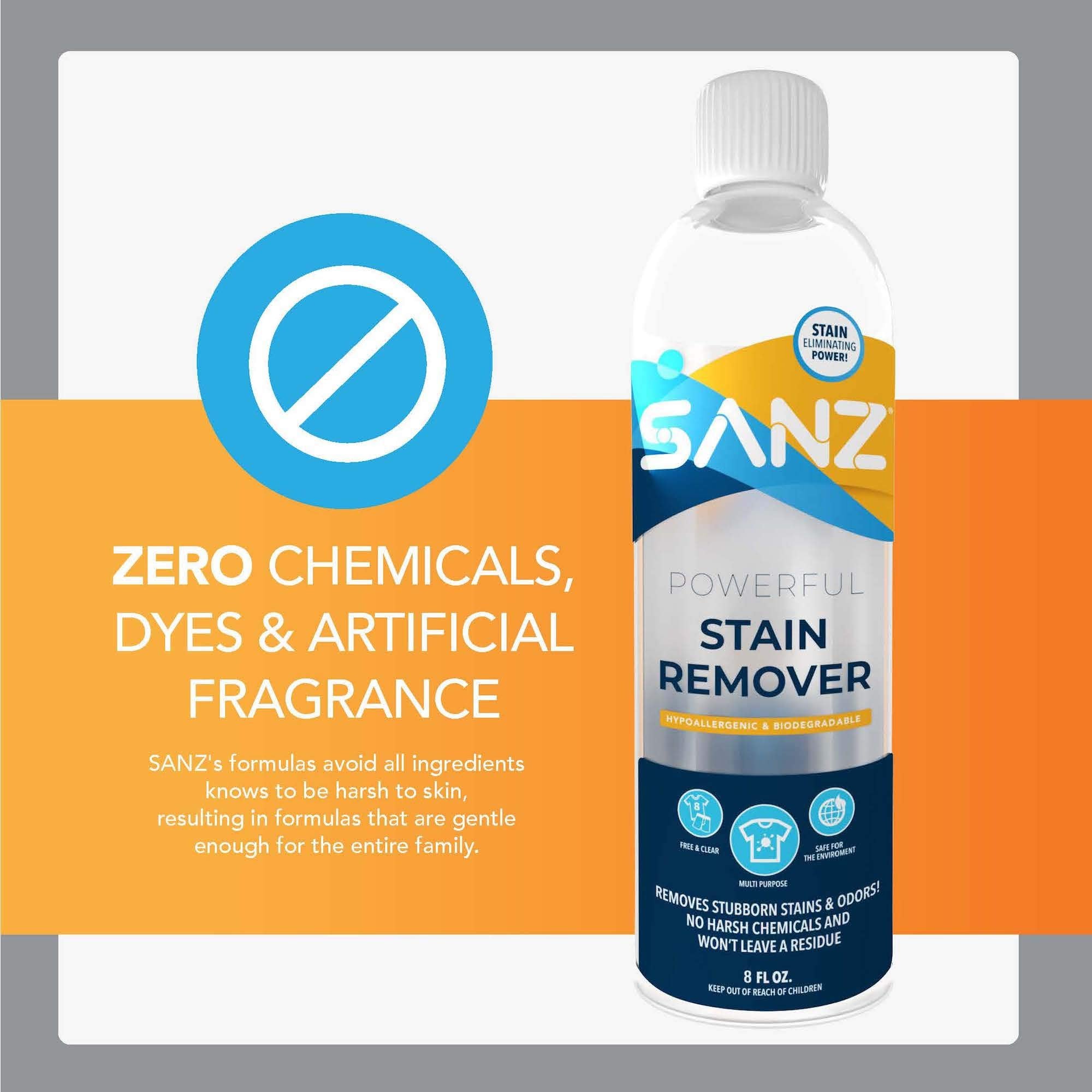 SANZ Stain Remover - For Stubborn Stains & Odors, No Residue, Hypoallergenic, Biodegradable, Zero Harsh Ingredients, 8 oz