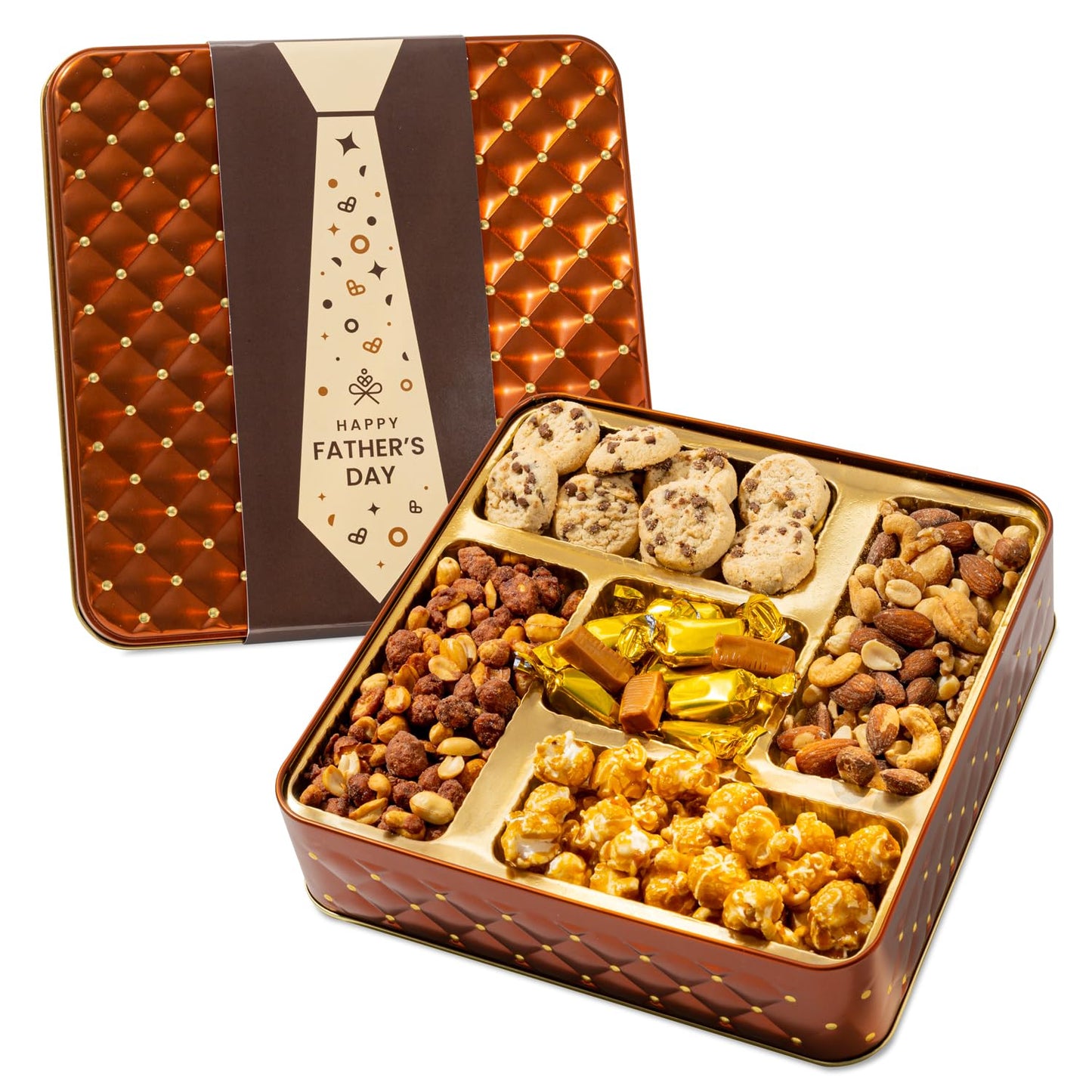 Fathers Day Snack Assortment Gift Basket- Candy and Nuts Gift Tin- Gourmet Treat Variety Present in Keepsake Tray- Best Gift Idea for Men, Dad