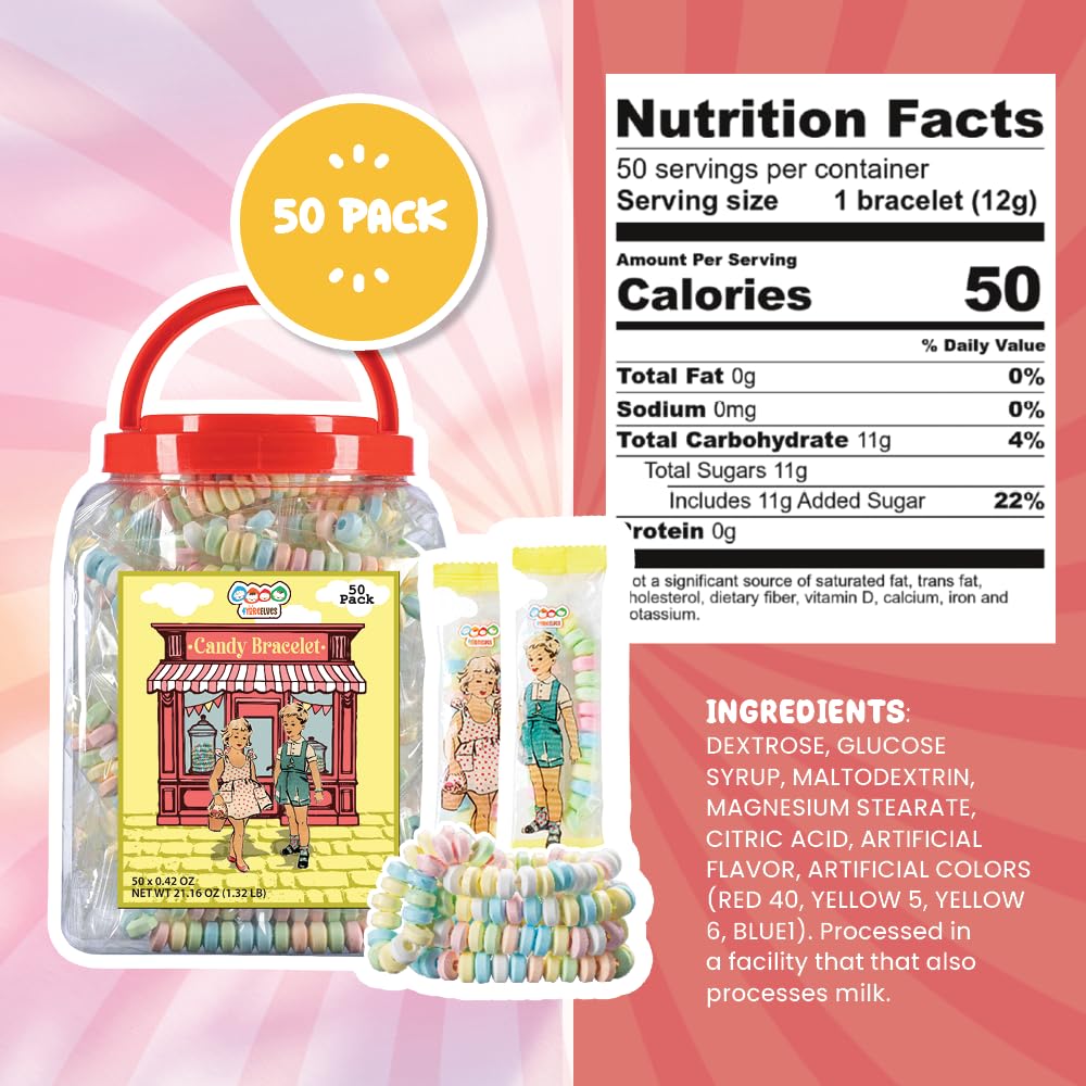 50 Candy Bracelets Individually Wrapped, Pastel Candy Jewelry for Buffet, Goody Bag Stuffers, Barbie Party Favor for Kids, (Pack of 50x0.42oz/11.9g)