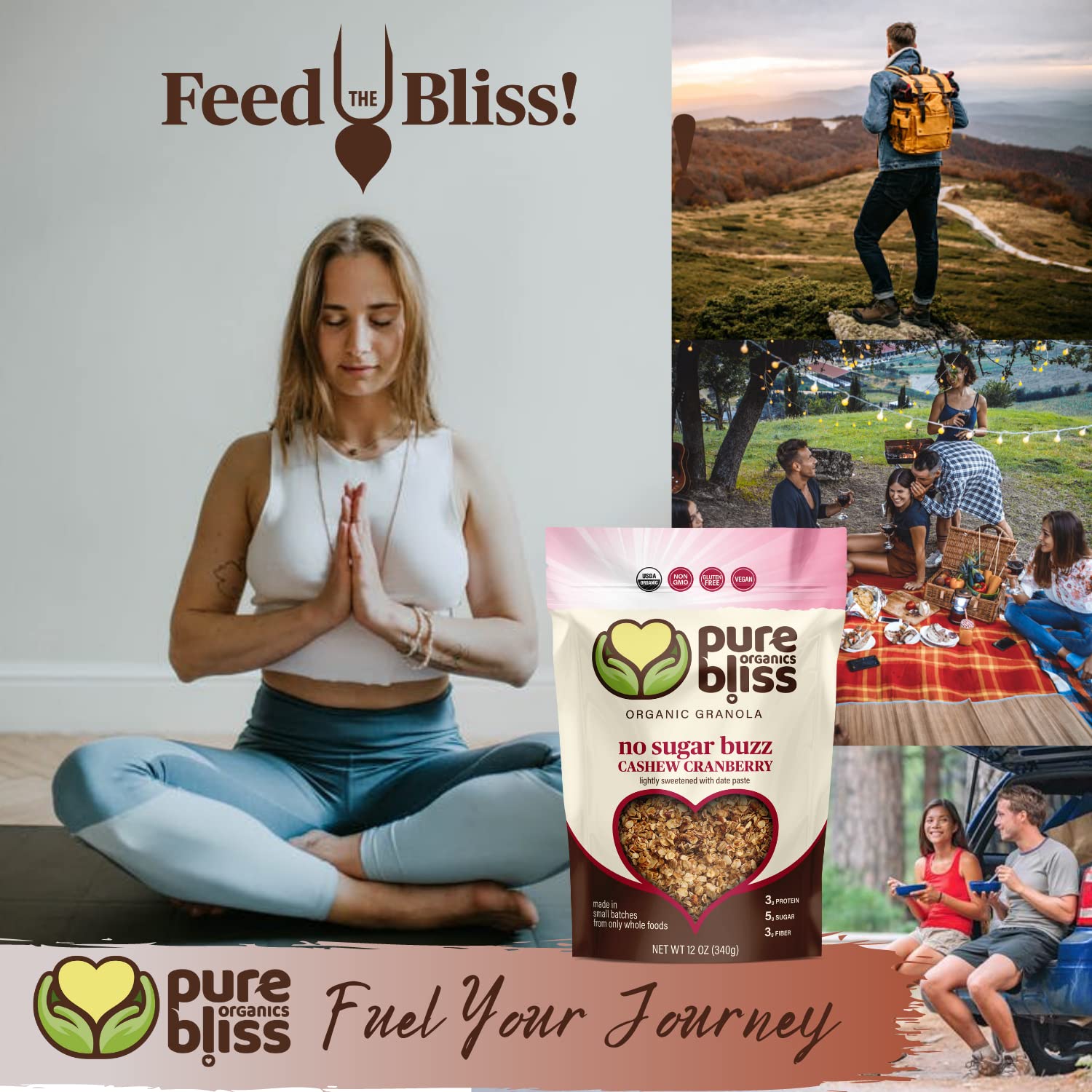 Pure Bliss Organics NO SUGAR BUZZ CASHEW CRANBERRY GRANOLA, Certified Organic and Gluten Free, Vegan, Non GMO, Low Glycemic, Low Sugar Alternative