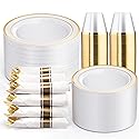 WELLIFE 350Pcs Gold Plastic Plates for 50 Guests - Plastic Dinnerware Set, Includes 100 Party Plates,150 Gold Silverware Disposable,50 Napkins,50