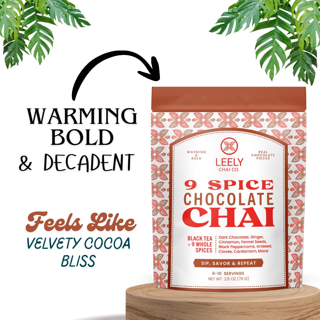 Leely Chai Co. Chocolate Masala Chai Loose Leaf. Real chocolate pieces. Small Batch, Black Tea & Whole Spices, Authentic Brew or Steep, 5OZ, 20 Cups