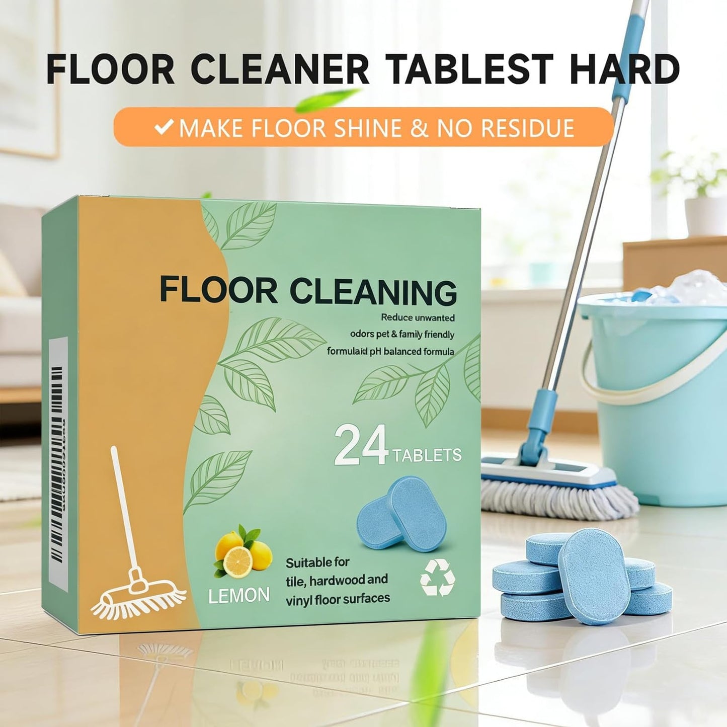 NCCEN Floor Cleaning Tablets, 24 Count, Hard Floor Cleaner Tablets, Lemon Scent, Multi-Surface Effervescent Cleaner for Hardwood, Tile, Vinyl