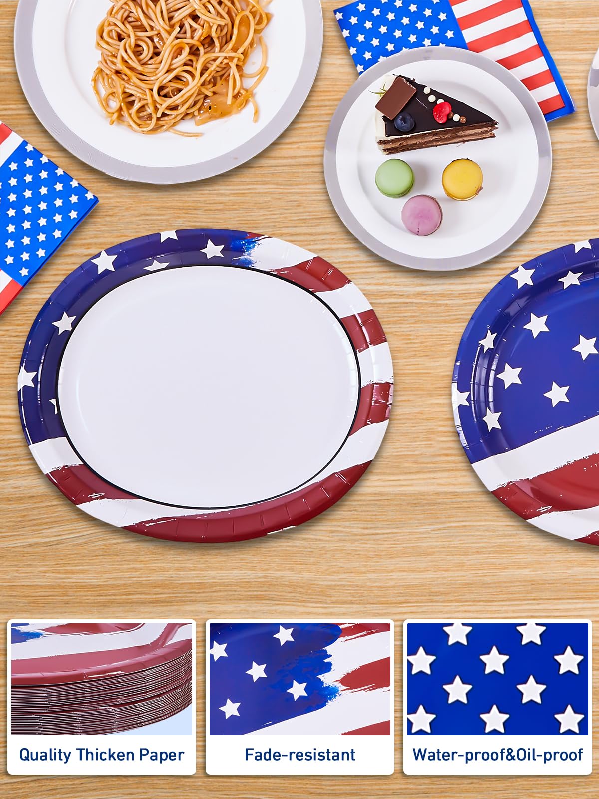 Dereinwo Patriotic Oval Paper Plates Large 12" X 10" Disposable Platters Party Goods Set July 4th American Flag Design Red Blue and White Paper Plates