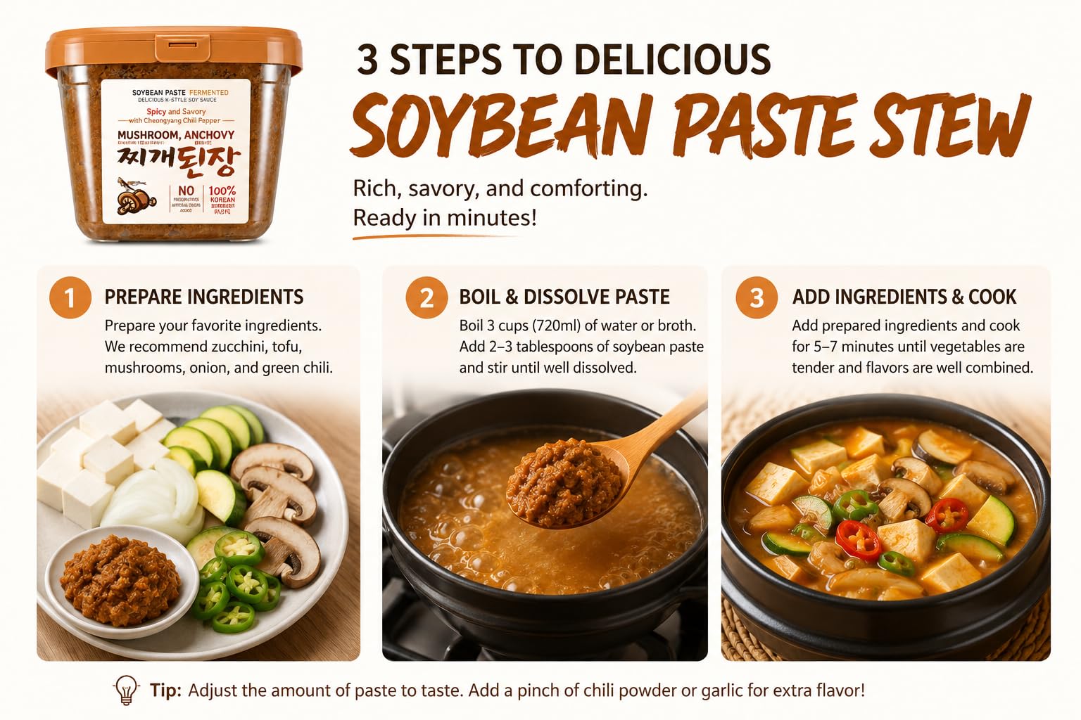 Korean Soybean Paste Doenjang, Spicy & Savory Fermented Bean Paste with Cheongyang Chili Pepper, Mushroom & Anchovy Flavor, 100% Korean Ingredients
