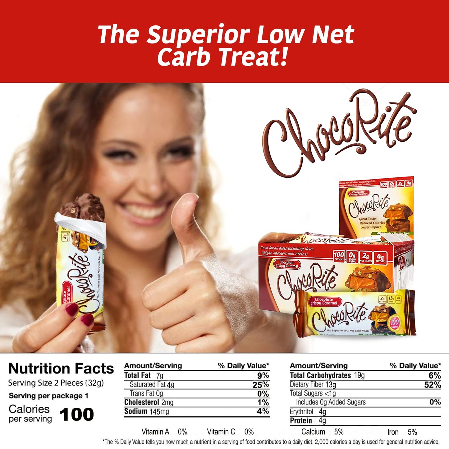 ChocoRite - Diet Crispy Caramels - 16/Box - High Fiber - Low Calorie - No Sugar Added