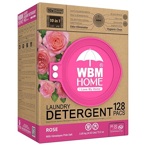 WBM 10-in-1 Laundry Pods, Total 128 Count, High Efficiency, Ultra Concentrate with Powerful Stain Lifter Technology, Fabric Softener With Rose