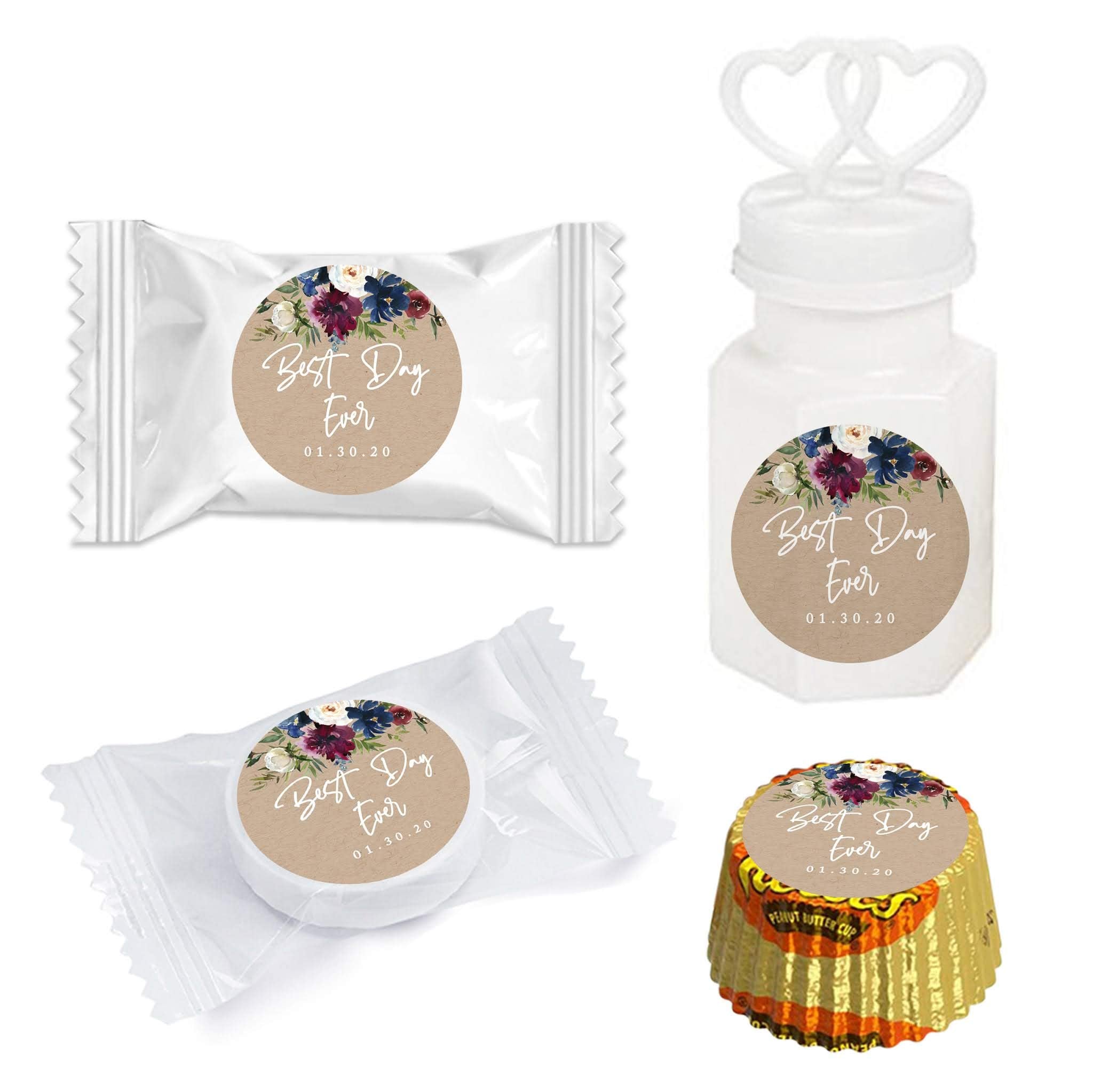 Andaz Press Kraft Brown with Burgundy Midnight Blue Florals Fall Wedding Party Collection, Personalized Chocolate Drop Label Stickers Trio, Custom
