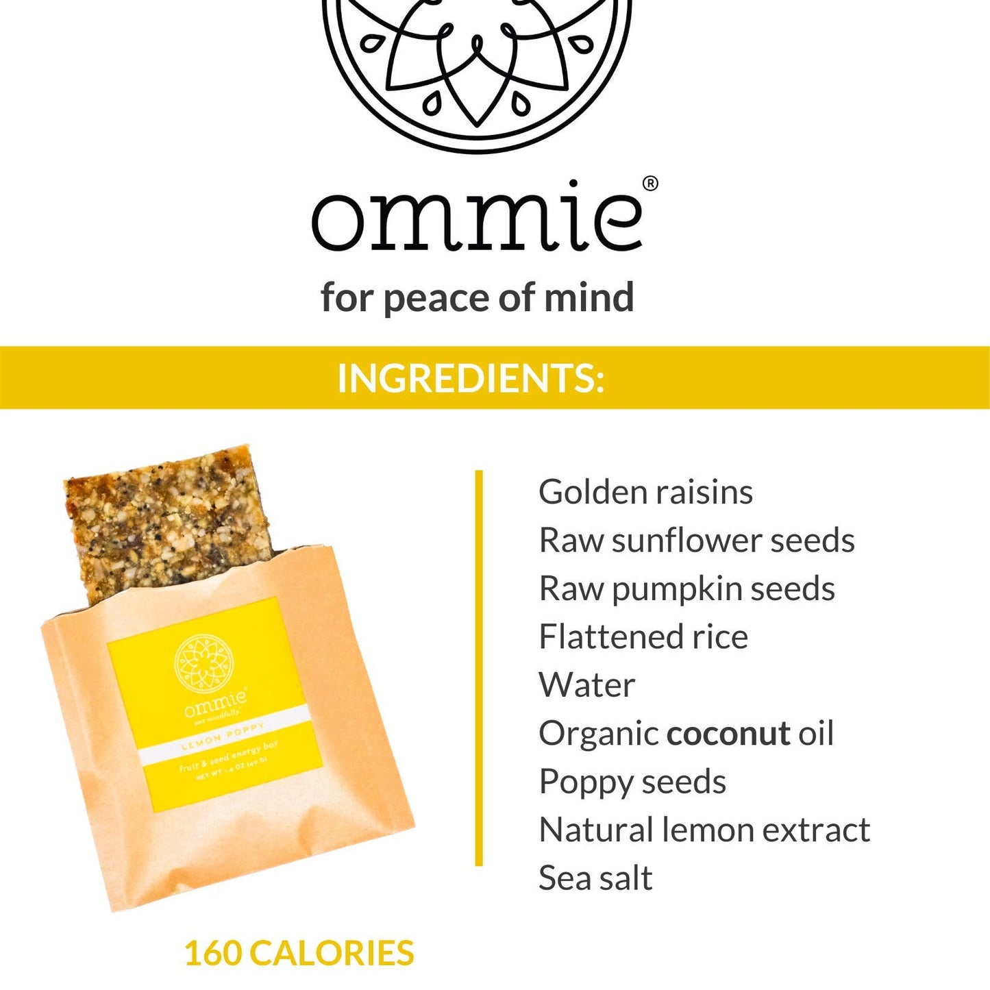 Ommie Snacks Nut-Free Energy Bar (7 Pack) - Lemon Poppy Fruit & Seed Granola Bar | Allergy Free: Nut Free, Gluten Free, Soy Free, Egg Free, Dairy Free